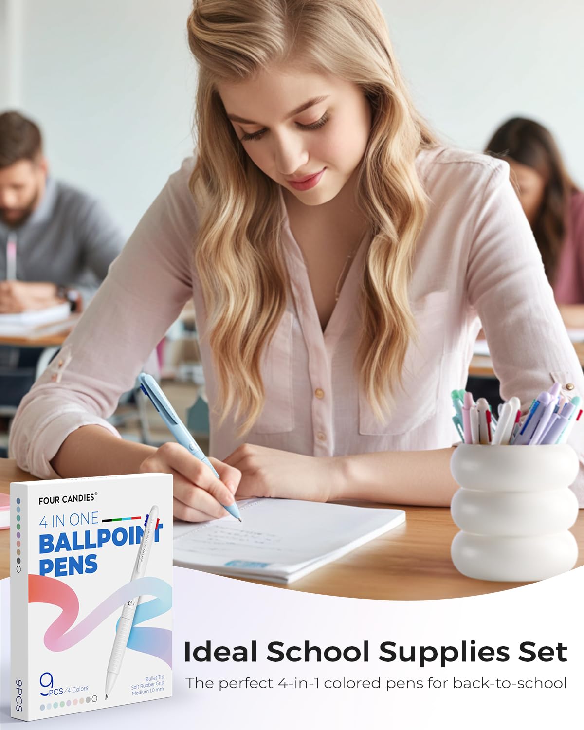 Four Candies Multicolor Pens, 4-in-1 Colored Pen, 9 Pack 1.0mm 4 Color Pens, Quick Dry Nurse Pens, Smooth Writing Colored Ink Pens, Comfort Grip & Macaron Office, Gifts For Women