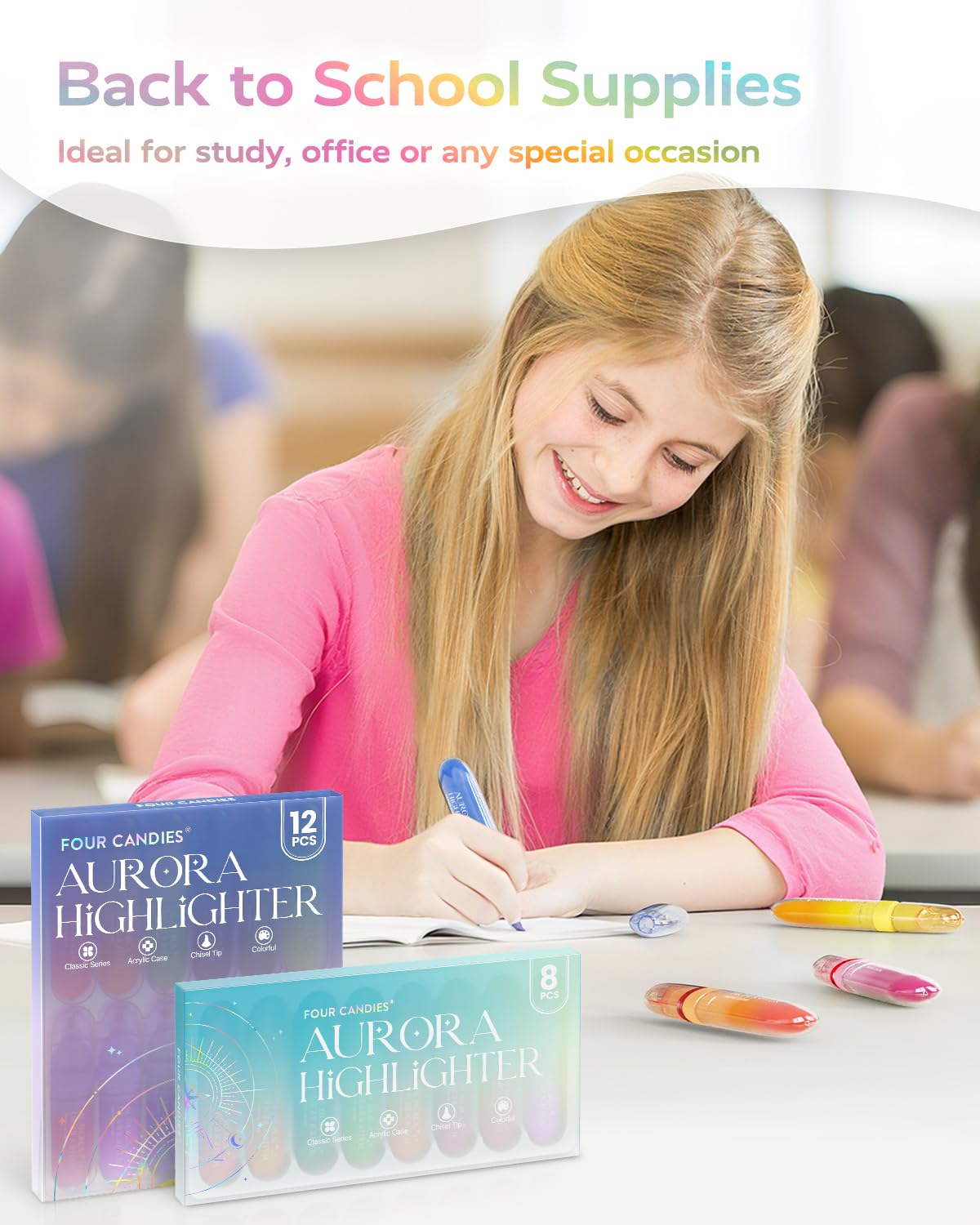 Four Candies 12 Pcs Highlighters Assorted Colors, Cute Pastel Highlighter Set, Dry Quickly, Soft Chisel Tip, Assorted Colors Bible Highlighter for No Bleed, Aesthetic Highlighters