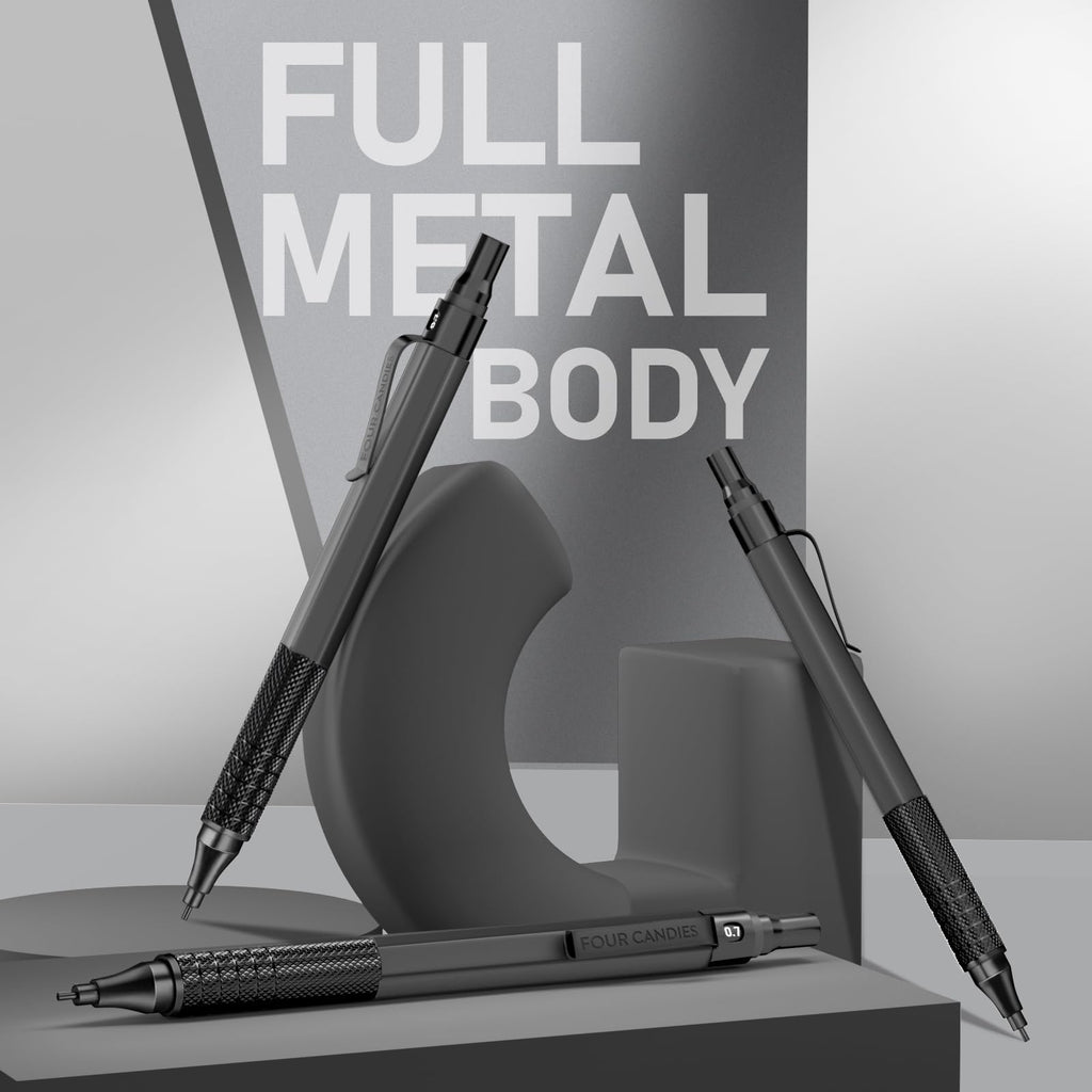 Four Candies 0.7mm Mechanical Pencil Set, 3pcs Black Metal Pencils with Anti-Skid Grip, Ideal