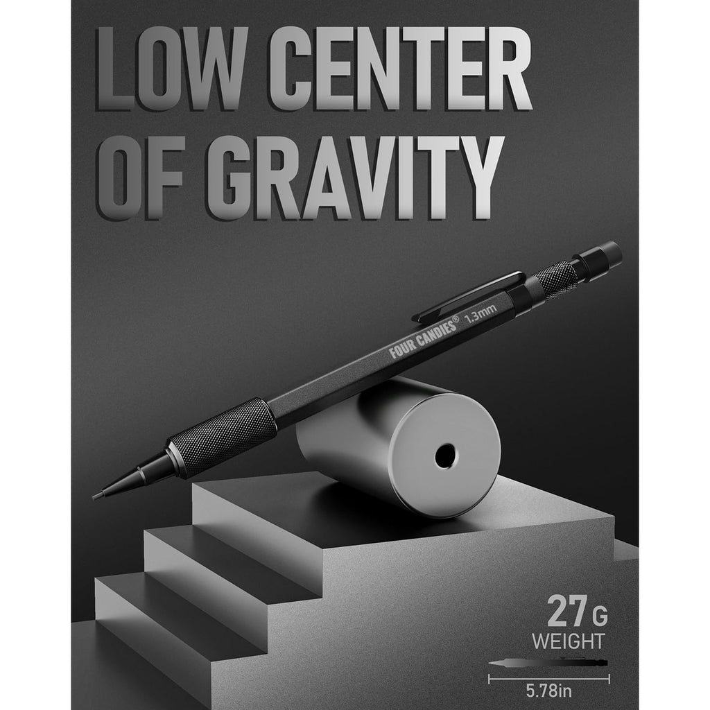 Four Candies 1.3mm Mechanical Pencil Set with 48 Lead Refill, 3PCS Metal Weatherproof Body Heavy Duty Carpenter Pencil, 3 Eraser, 12 Eraser Refill, for Outdoor Woodworking Drafting Marking with Case