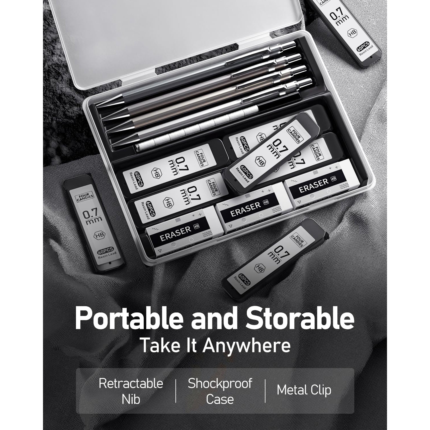 Four Candies 0.7mm Mechanical Pencil Set with Case - 4PCS Metal Mechanical Pencils, 8 Tubes HB #2 Lead Refills, 3PCS 4B Erasers and 9PCS Eraser Refills, for Writing & Drawing