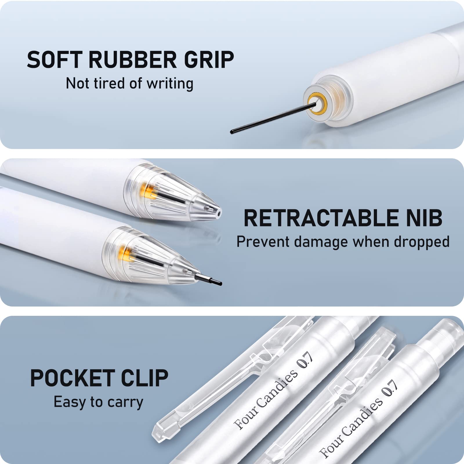 Four Candies Mechanical Pencil Set with Case and Lead, 3Pcs 0.7mm Mechanical Pencils, 180Pcs High Quality Leads, 3Pcs Erasers and Refills, Cool Mechanical Pencil for Drawing, Drafting, Sketching