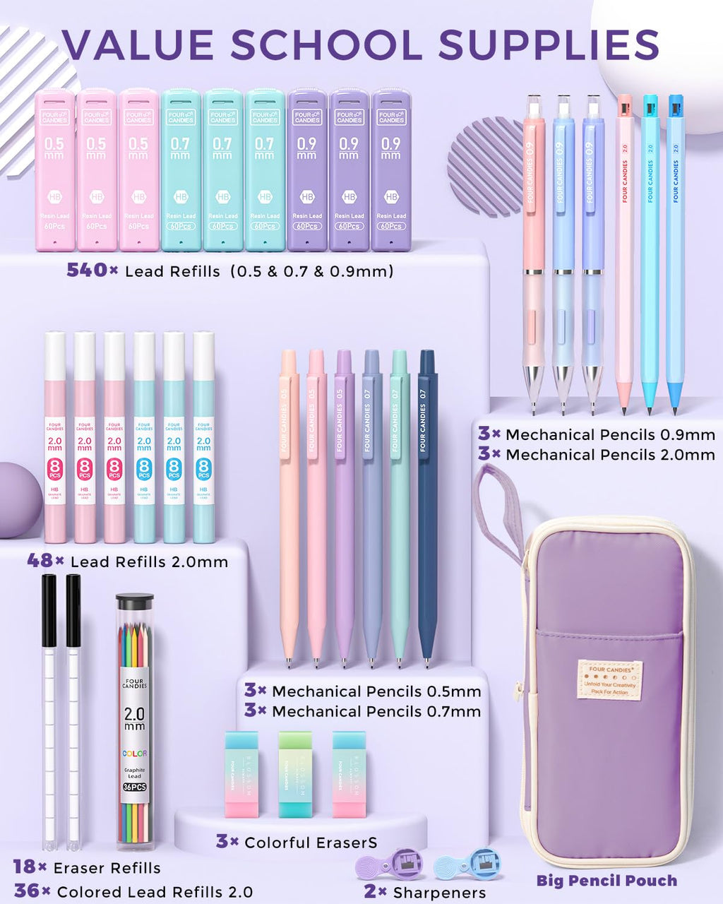Four Candies 36PCS Aesthetic Supplies, Mechanical Pencil Set 0.5mm, 0.7mm, 0.9mm & 2.0mm with 624 Lead Refills, for Writing & Drawing, Ideal Stationary Set Gift (Purple