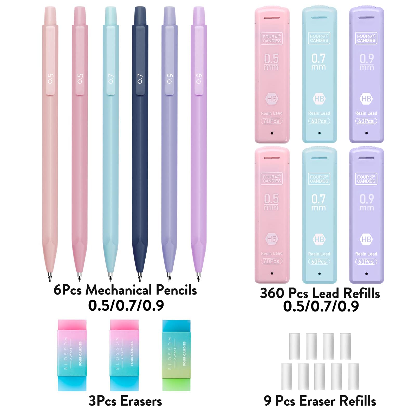 Four Candies 6PCS Cute Mechanical Pencils 0.5mm & 0.7mm & 0.9mm with Leads, Erasers and Eraser Refills