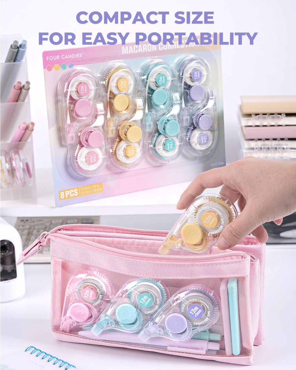 Four Candies White Correction Tape, 39.4 Feet, 8 Pack Easy to Use Applicator for Instant Corrections, Tear-Resistant, Smooth & Quick-Drying Tape