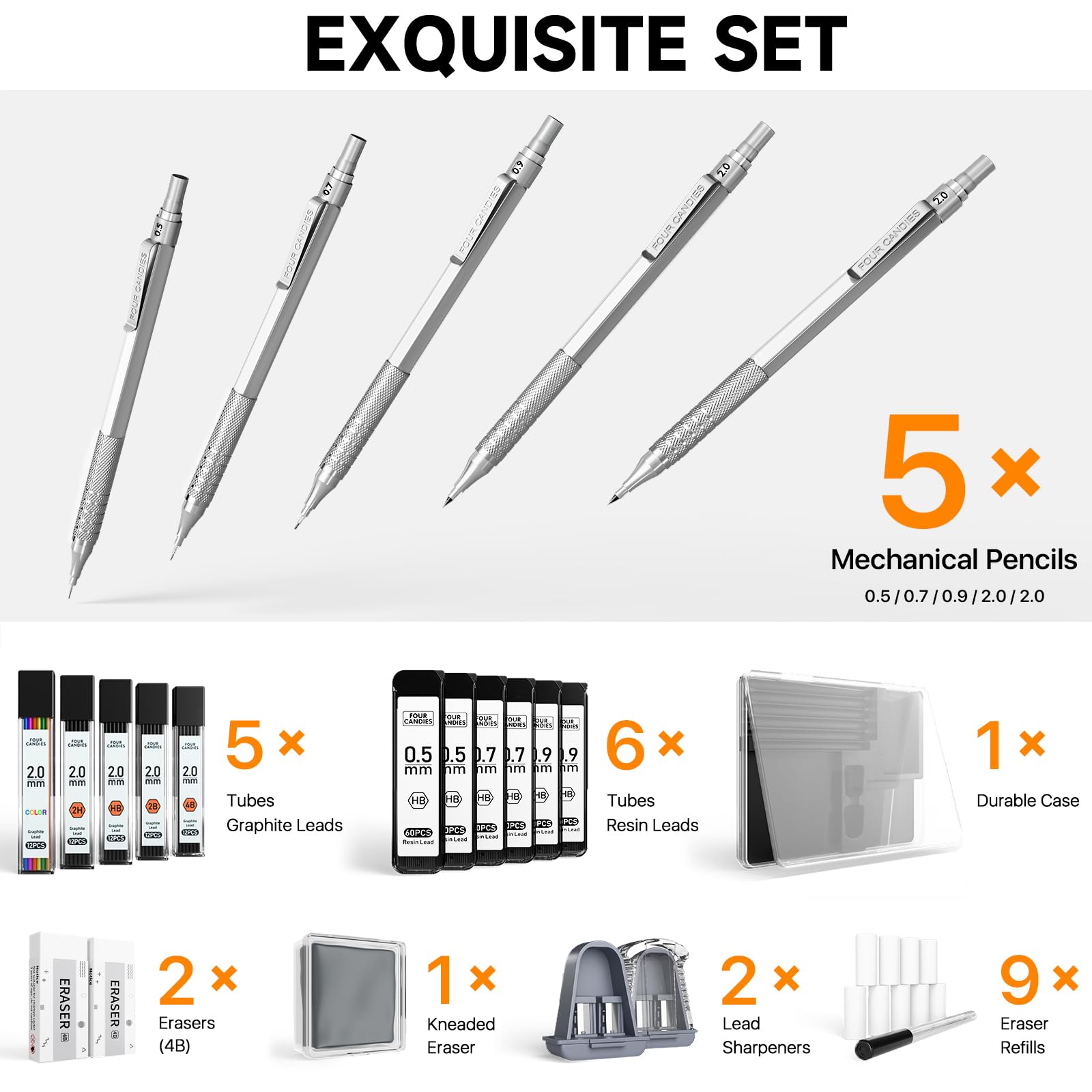 Four Candies Metal Mechanical Pencil Set,5 Count, Metal Mechanical Pencils 0.5, 0.7, 0.9,2.0(2Pcs), 420Pcs Leads (4B 2B HB 2H Color), for Writing Sketching Drawing (Silver)