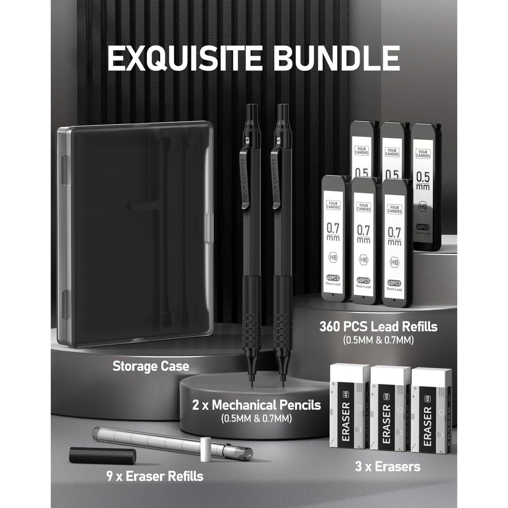 Four Candies 2PCS Metal Mechanical Pencils Set , 0.5mm & 0.7 mm Pencil with 6 Tubes (360PCS) HB Lead Refills, 3 Erasers,9 Eraser Refills, Black