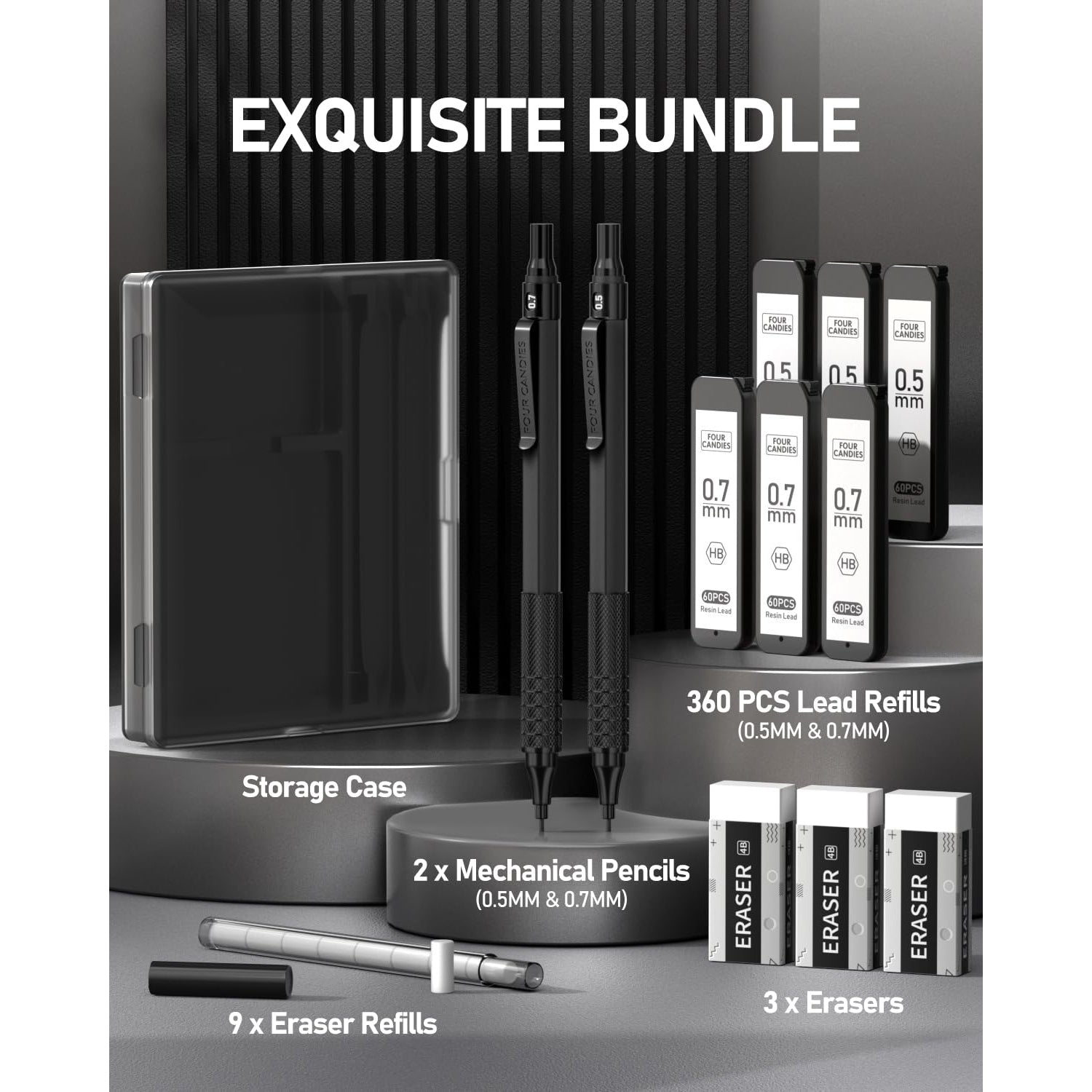 Four Candies 2PCS Metal Mechanical Pencils Set , 0.5mm & 0.7 mm Pencil with 6 Tubes (360PCS) HB Lead Refills, 3 Erasers,9 Eraser Refills, Black
