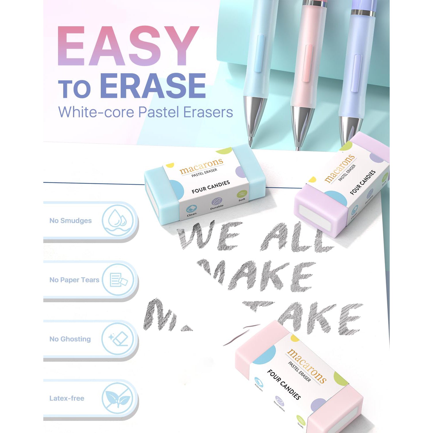 Four Candies Pastel Mechanical Pencil Set - 6PCS 0.5 & 0.7 & 0.9 mm Pencils with 360PCS HB Lead Refills, 3 Erasers and 9 Eraser Refills