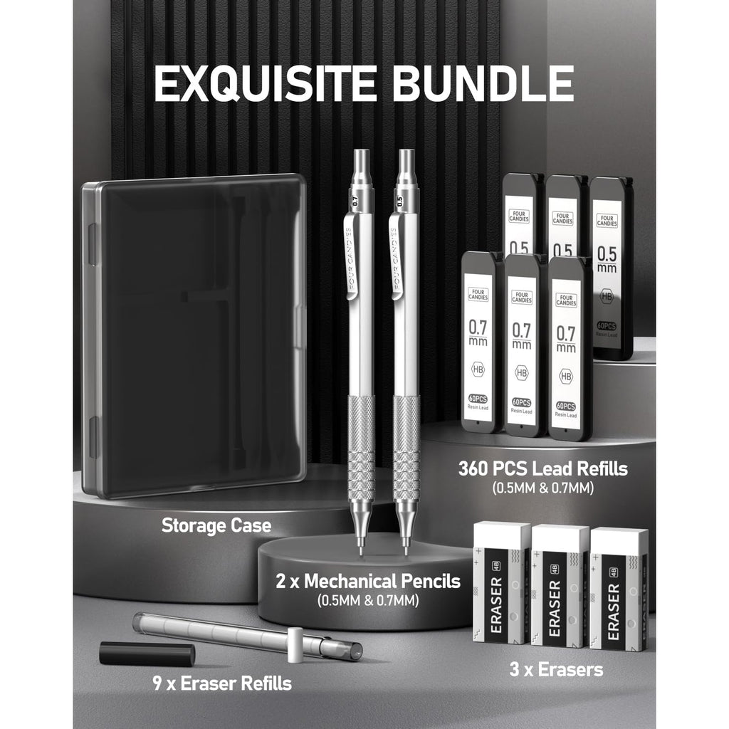 Four Candies 2PCS Metal Mechanical Pencils Set with Case, 0.5mm & 0.7 mm Artist Pencil for Writing Drafting, Drawing, Silver