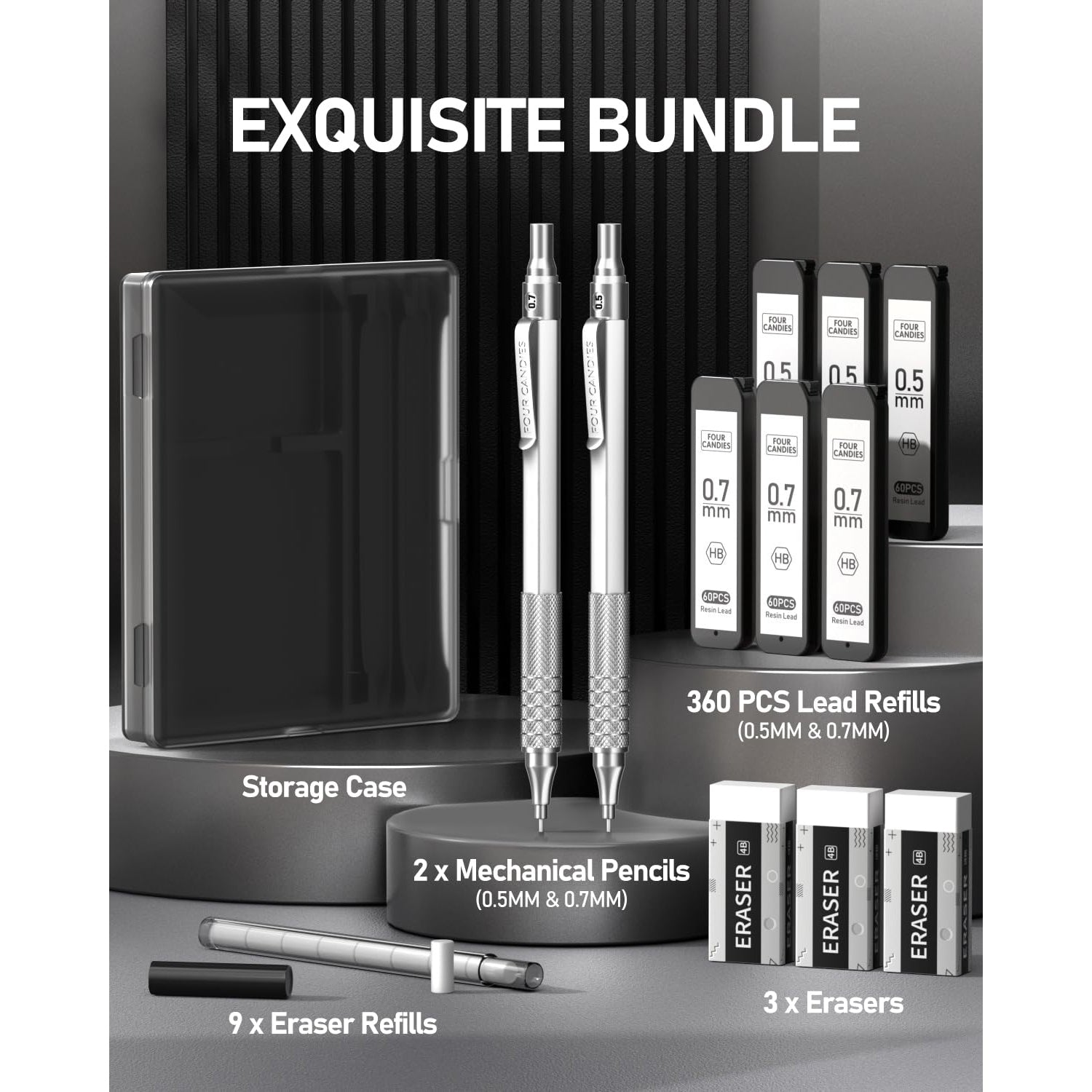 Four Candies 2PCS Metal Mechanical Pencils Set with Case, 0.5mm & 0.7 mm Artist Pencil for Writing Drafting, Drawing, Silver