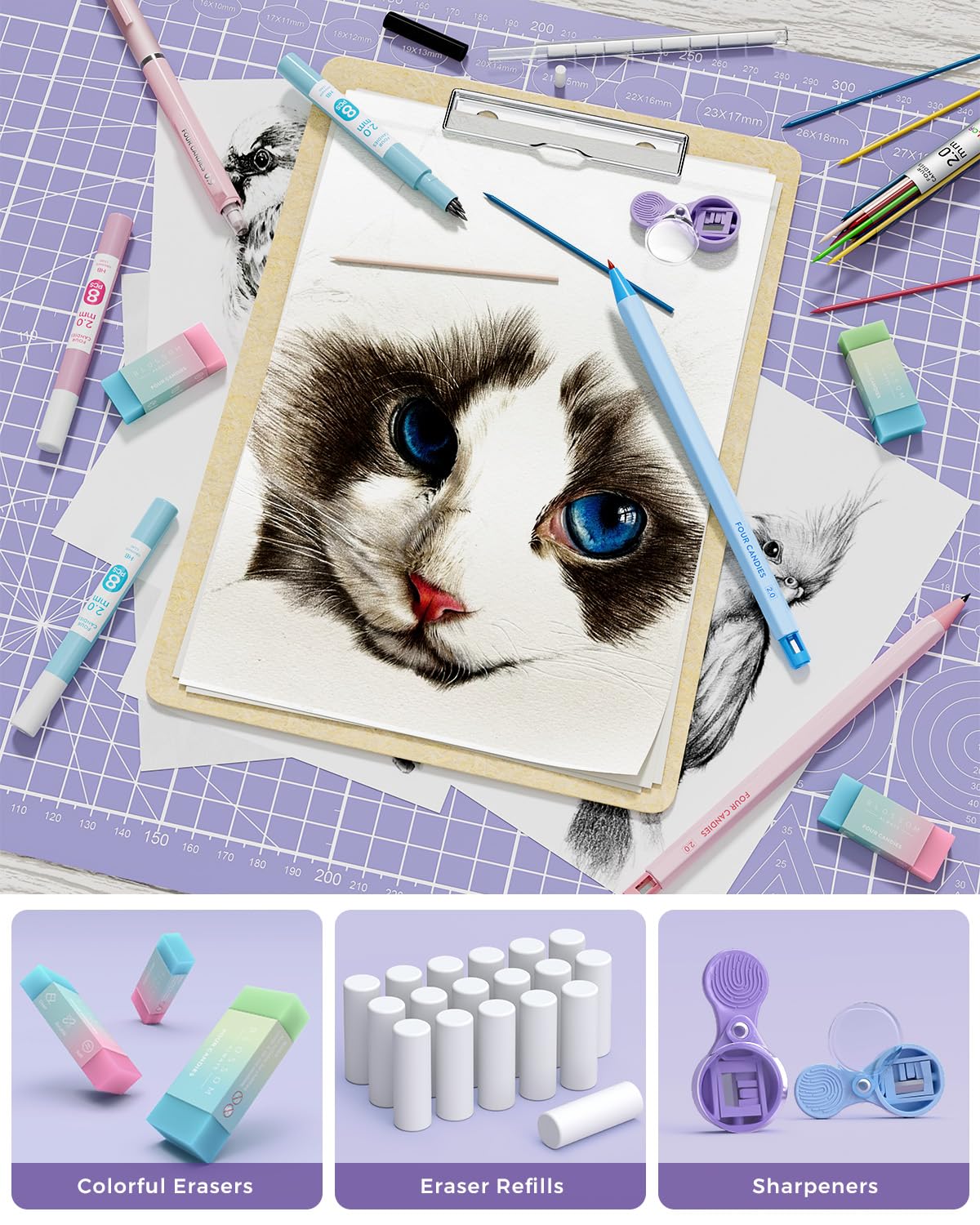 Four Candies 36PCS Aesthetic Supplies, Mechanical Pencil Set 0.5mm, 0.7mm, 0.9mm & 2.0mm with 624 Lead Refills, for Writing & Drawing, Ideal Stationary Set Gift (Purple