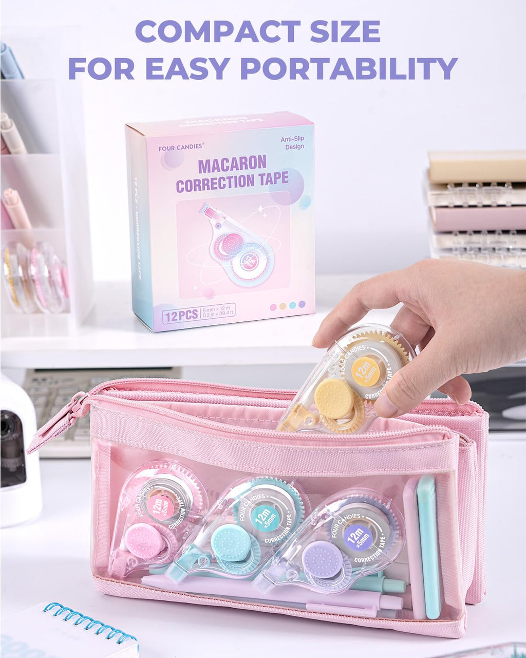 Four Candies White Correction Tape, 39.4 Feet, 8 Pack Easy to Use Applicator for Instant Corrections, Tear-Resistant, Smooth & Quick-Drying Tape