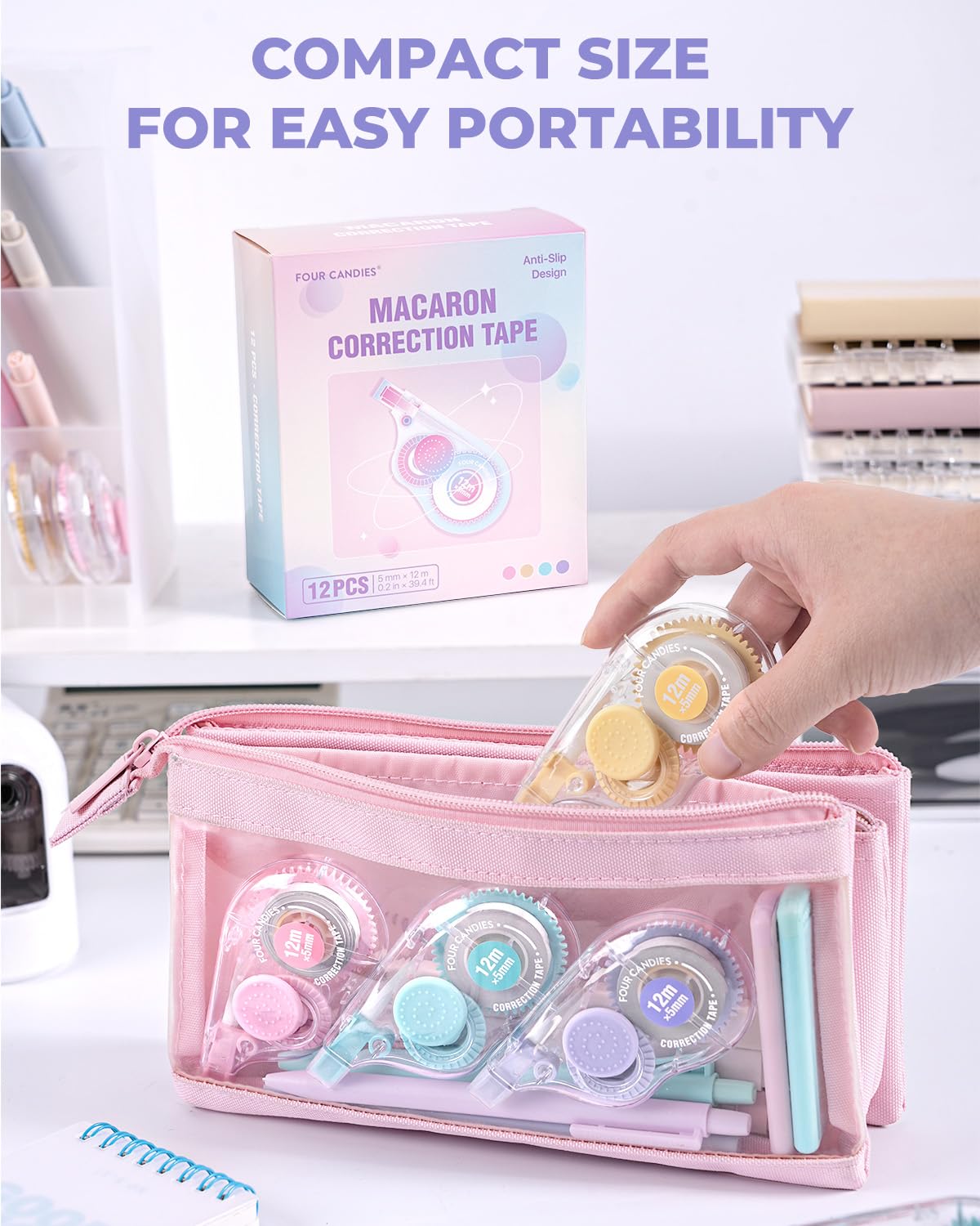 Four Candies White Correction Tape, 39.4 Feet, 8 Pack Easy to Use Applicator for Instant Corrections, Tear-Resistant, Smooth & Quick-Drying Tape