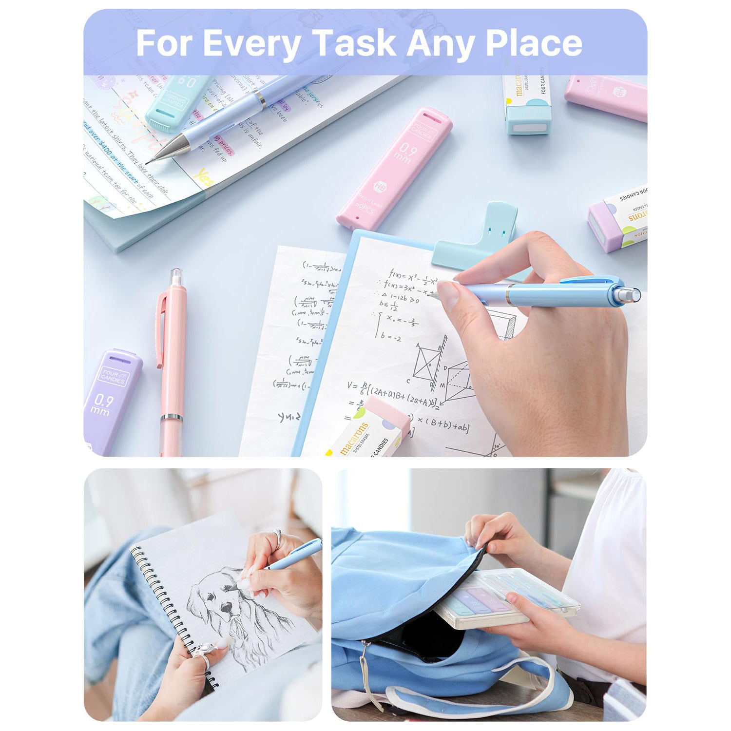 Four Candies Pastel Mechanical Pencil Set for Drawing & Writing, 3PCS 0.9mm Mechanical Pencils, 360PCS HB Lead Refills, 3 Erasers and 9 Eraser Refills