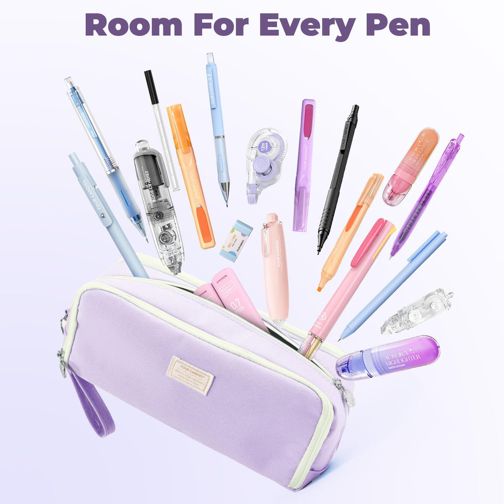 Four Candies Pencil Case 3 Compartment Pouch, Large Pencil Case for Women, Puple, Removable Handle & Zipper, Cute Pencil Bag for Office