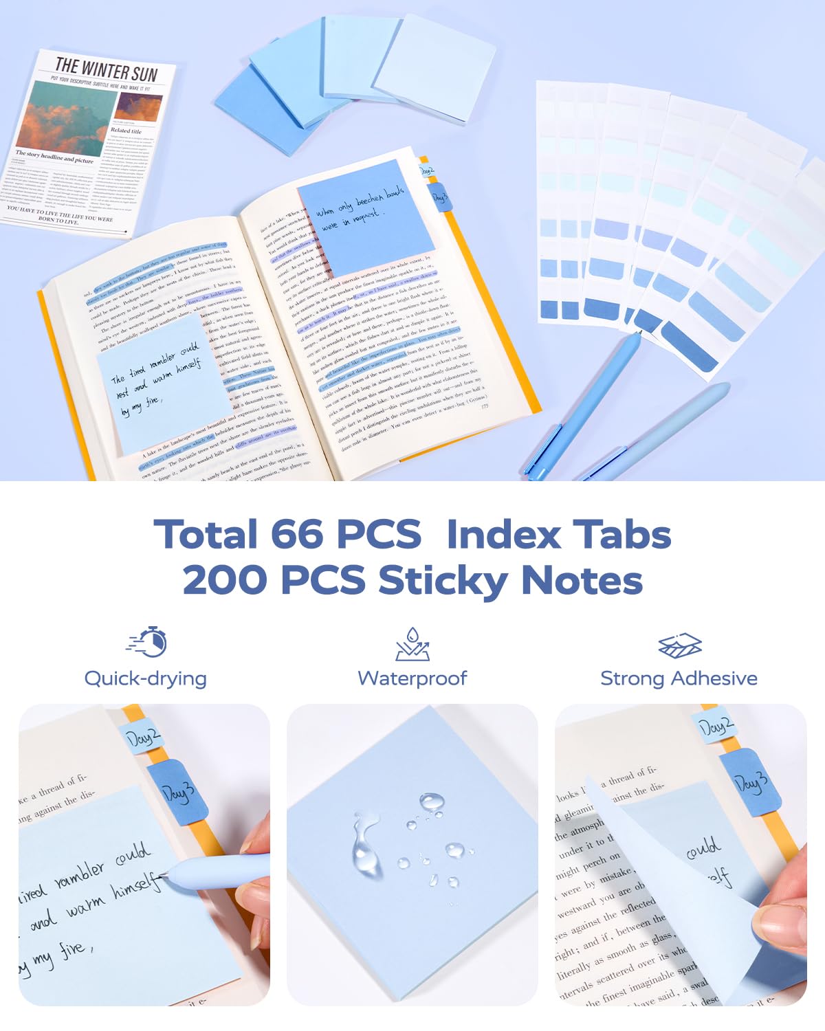 Four Candies Aesthetic Supplies, 4 Gel Pens with Black Ink, 4 Correction Tapes, 2 Pastel Highlighters, 2 Mechanical Pencils, Sticky Notes, Index Post for Bible Supplies Blue