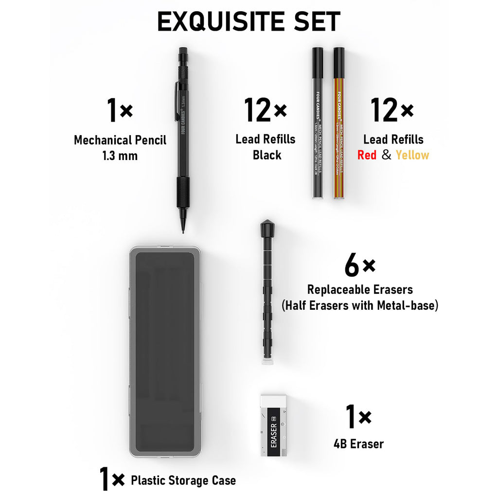 Four Candies 1.3mm Mechanical Pencil Set with Case, Metal Heavy Duty Outdoor Carpenter Pencil with 24 Refills (Red Black Yellow), Eraser, 6 Eraser Refills for Architect Drafting Sketching Woodworking