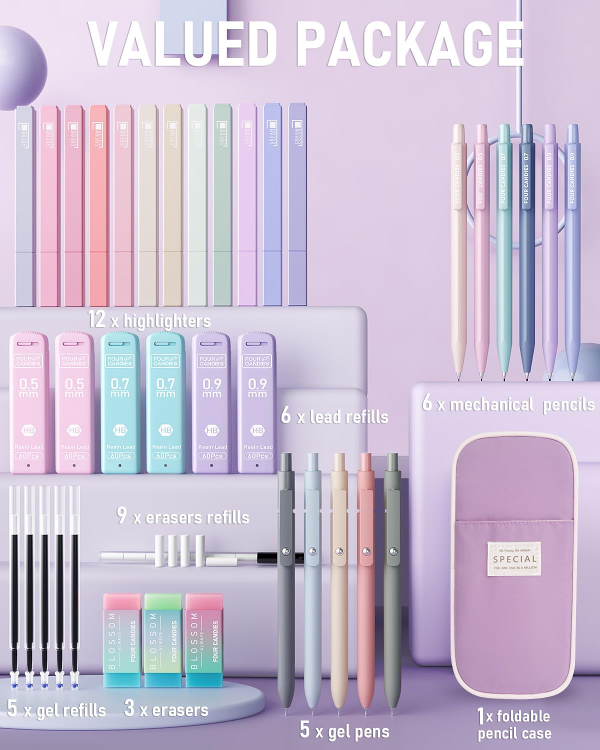 Four Candies 39 PCS Aesthetic Supplies with Cute Pencil Case（Purple）