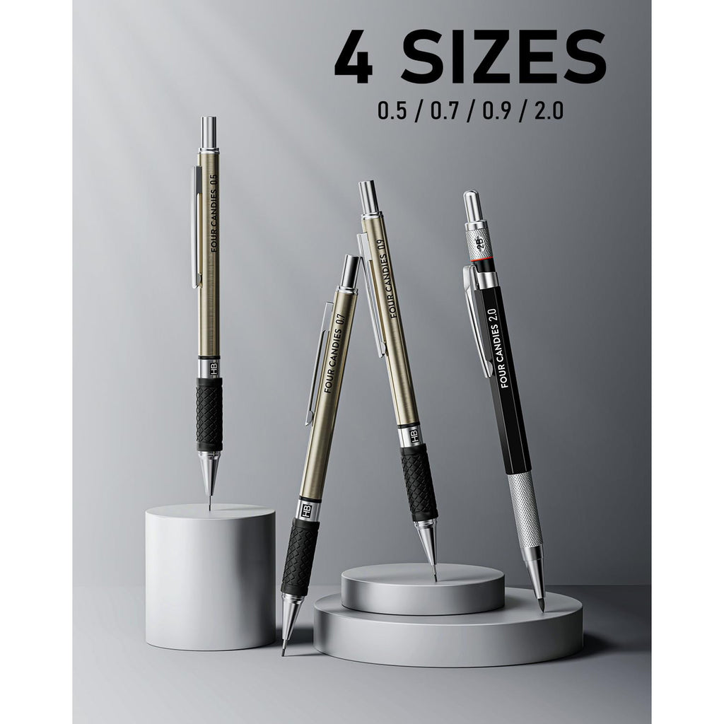 Four Candies Metal Mechanical Pencil Set, 6PCS Artist Metal Pencil 0.5, 0.7, 0.9, 2mm, Refills, Kneaded Eraser, Sharpener, Combo Set