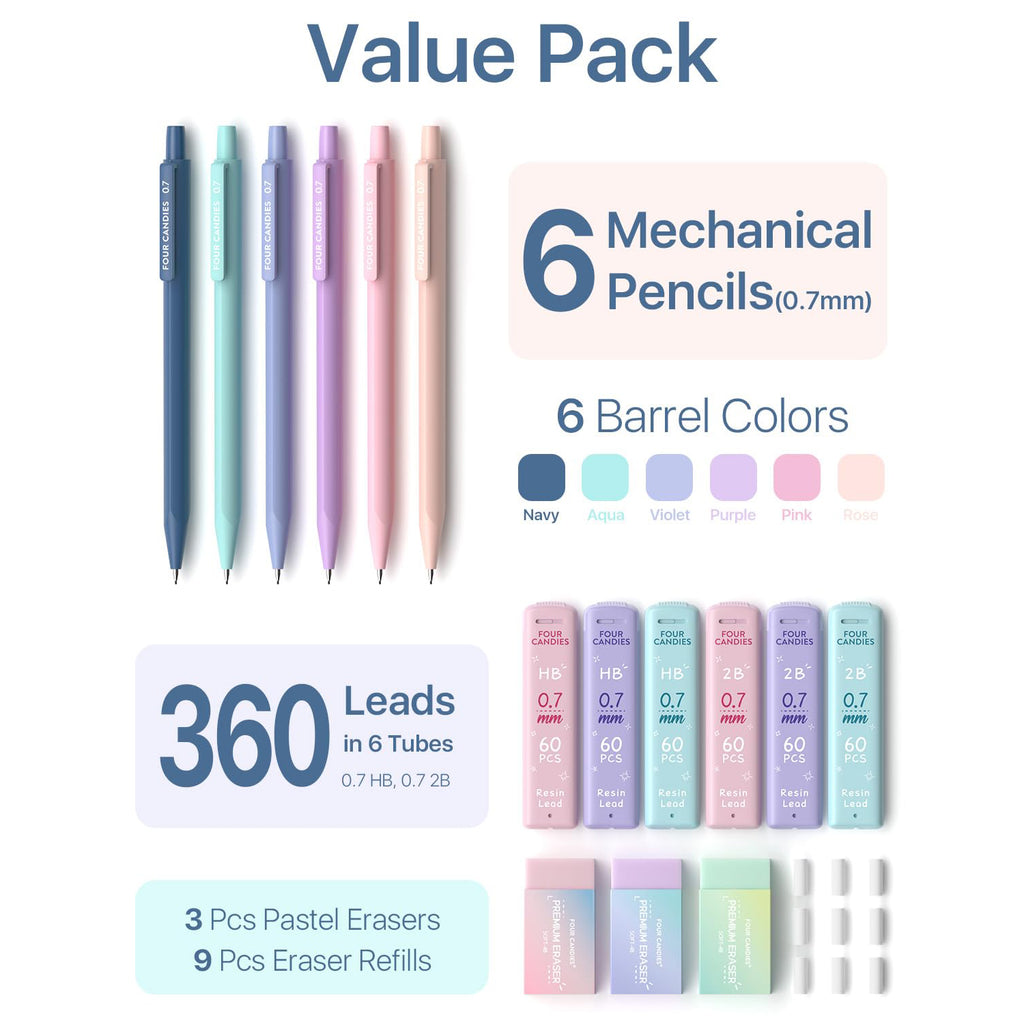 Four Candies Mechanical Pencils 0.7mm, with HB & 2B Lead Refills 0.7, Pastel Eraser Set & Eraser Refills, 16-Count Pack with Case, Cute Aesthetic Supplies for Writing, Drawing