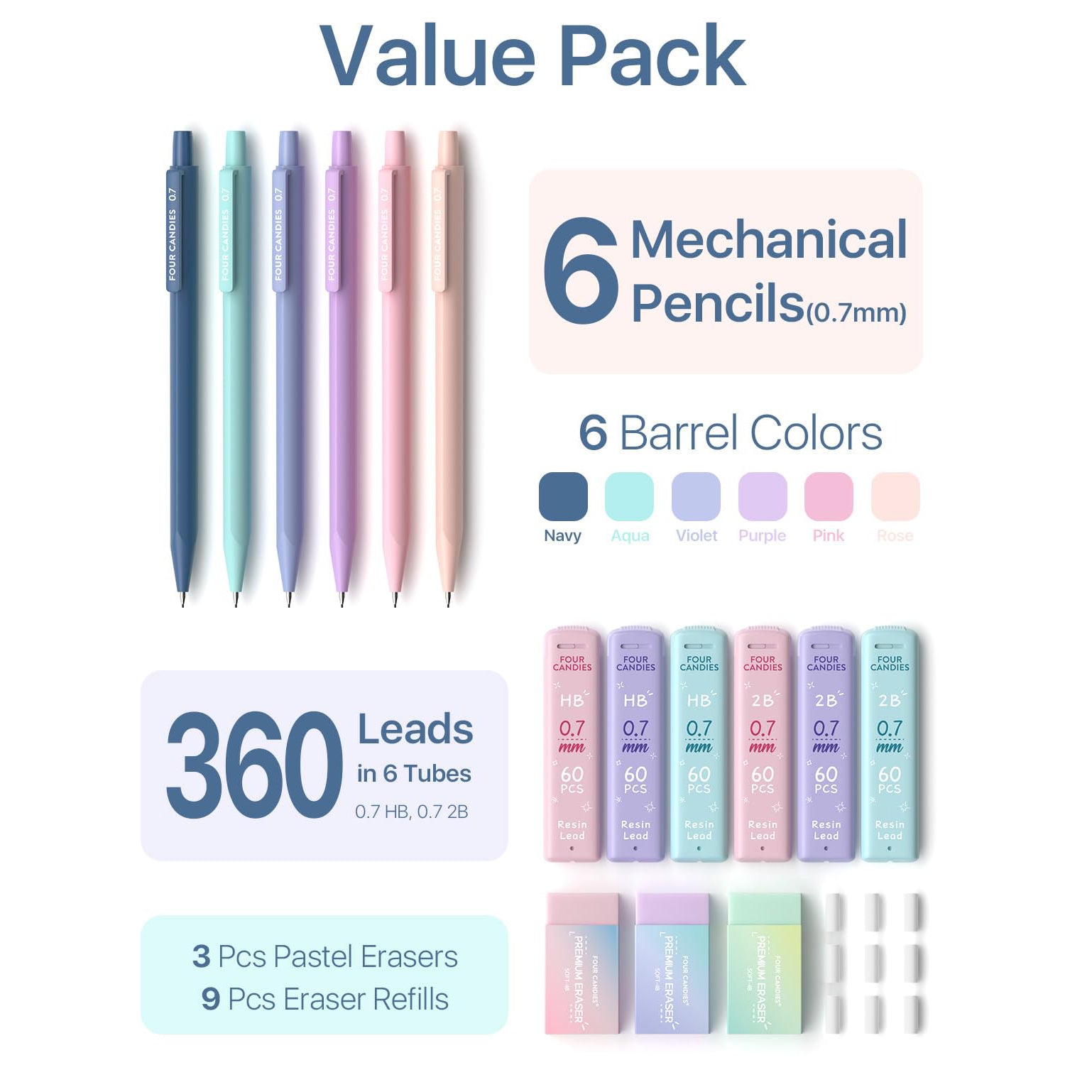Four Candies Mechanical Pencils 0.7mm, with HB & 2B Lead Refills 0.7, Pastel Eraser Set & Eraser Refills, 16-Count Pack with Case, Cute Aesthetic Supplies for Writing, Drawing