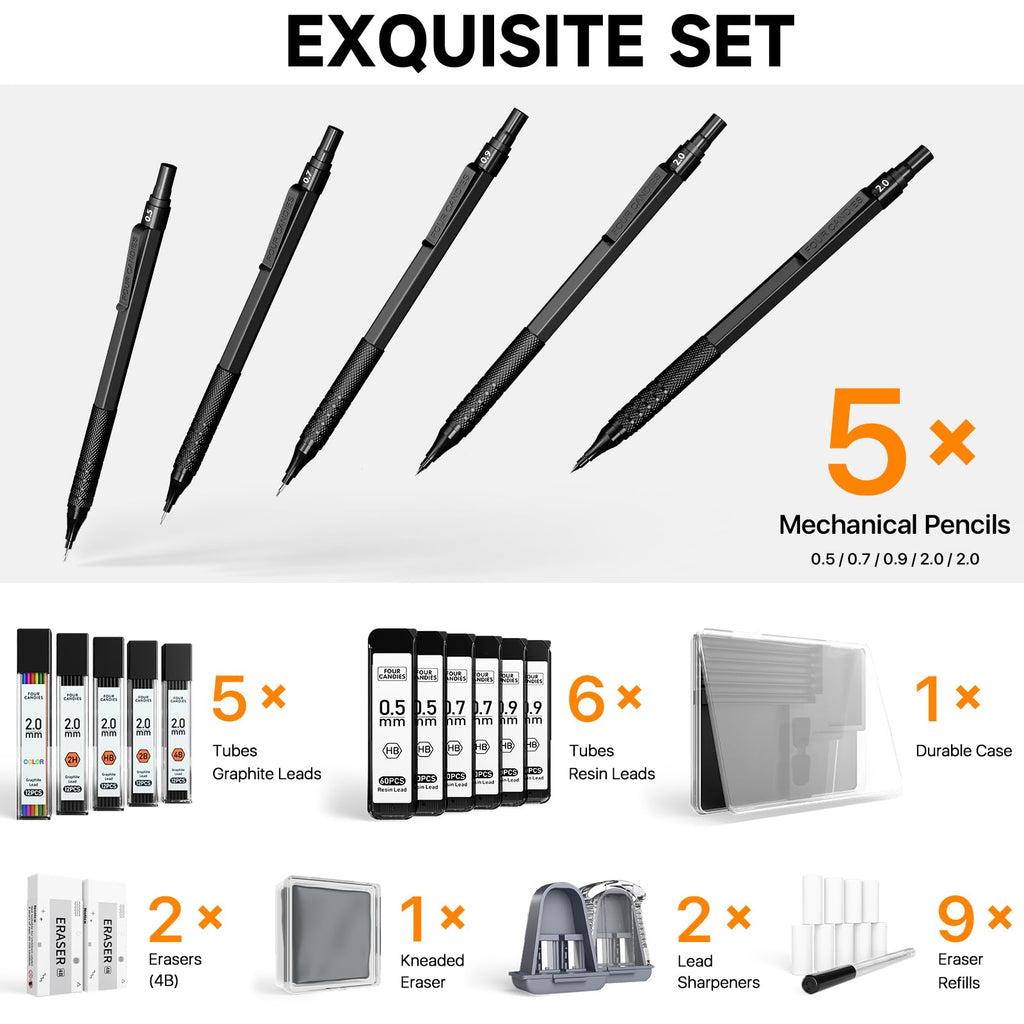 Four Candies Metal Mechanical Pencil Set,5 Count, Metal Mechanical Pencils 0.5, 0.7, 0.9,2.0(2Pcs), 420Pcs Leads (4B 2B HB 2H Color), for Writing Sketching Drawing (Black)