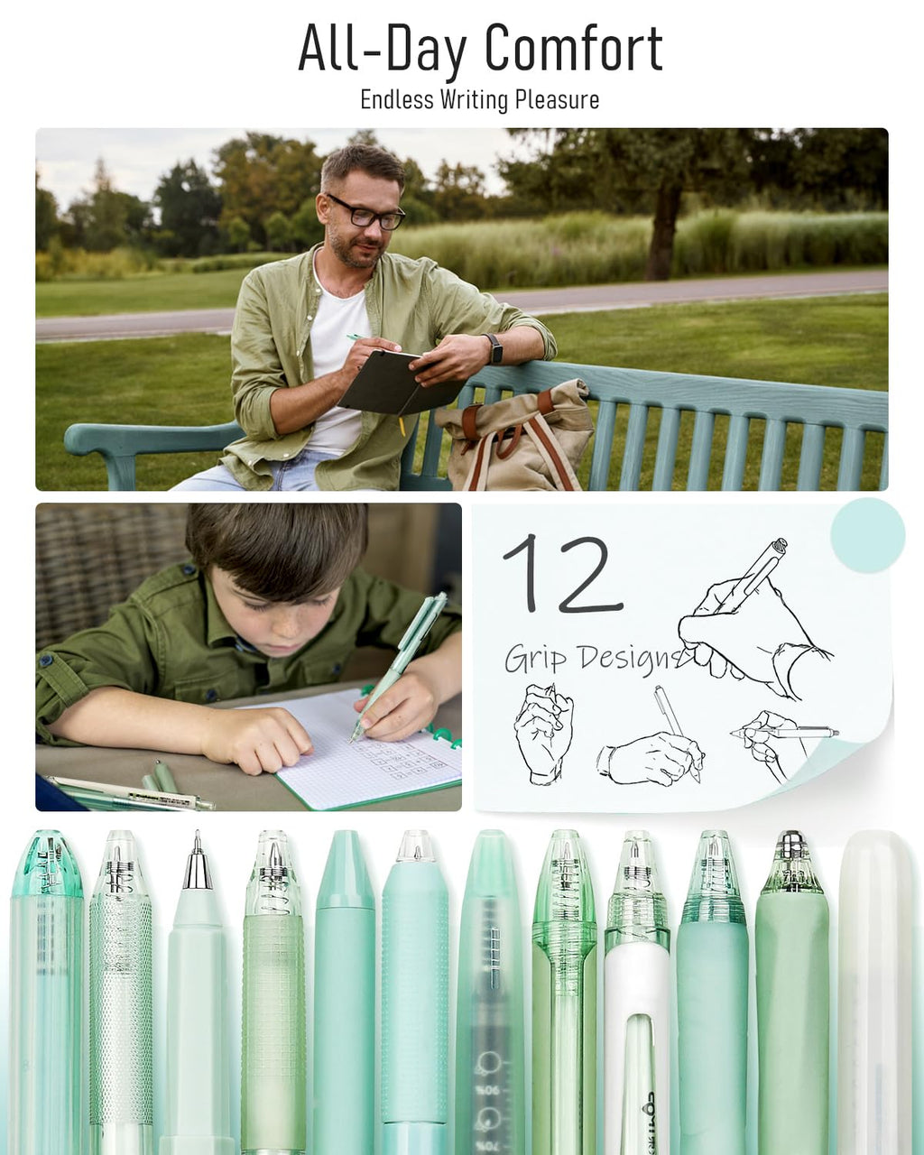 Four Candies 12Pack Pastel Gel Ink Pen Set, 11 Pack Black Ink Pens with 1Pack Highlighter (Green)