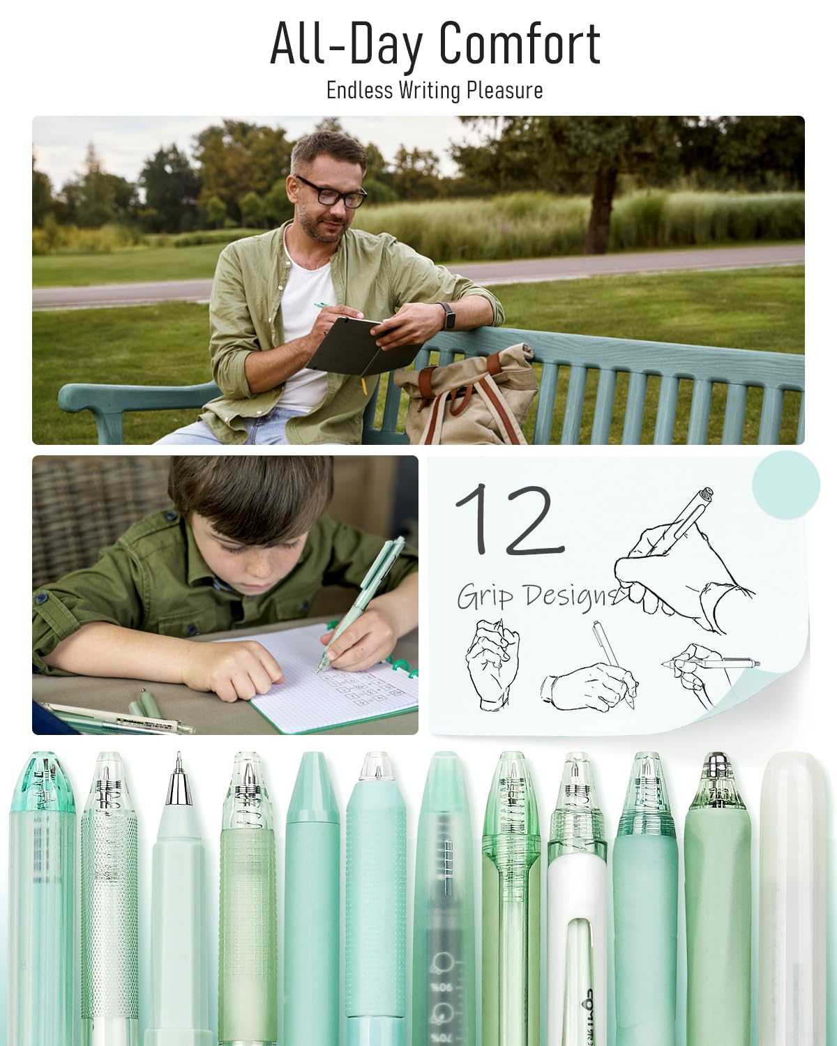 Four Candies 12Pack Pastel Gel Ink Pen Set, 11 Pack Black Ink Pens with 1Pack Highlighter (Green)