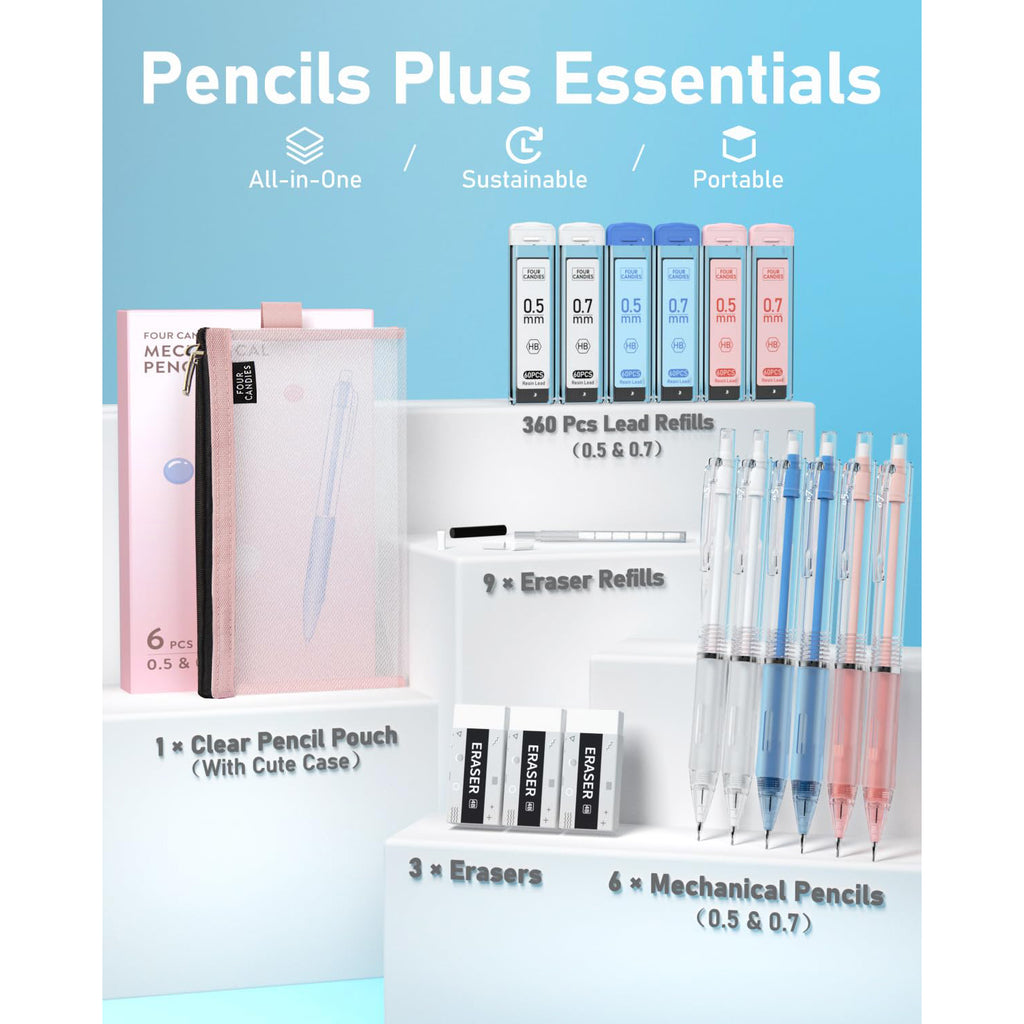Four Candies Mechanical Pencil Set with Case, 6PCS Mechanical Pencils 0.5 & 0.7mm with 360PCS HB Lead Refills, 3PCS Erasers, 9PCS Eraser Refills, Aesthetic Mechanical Pencil for Drawing, Drafting