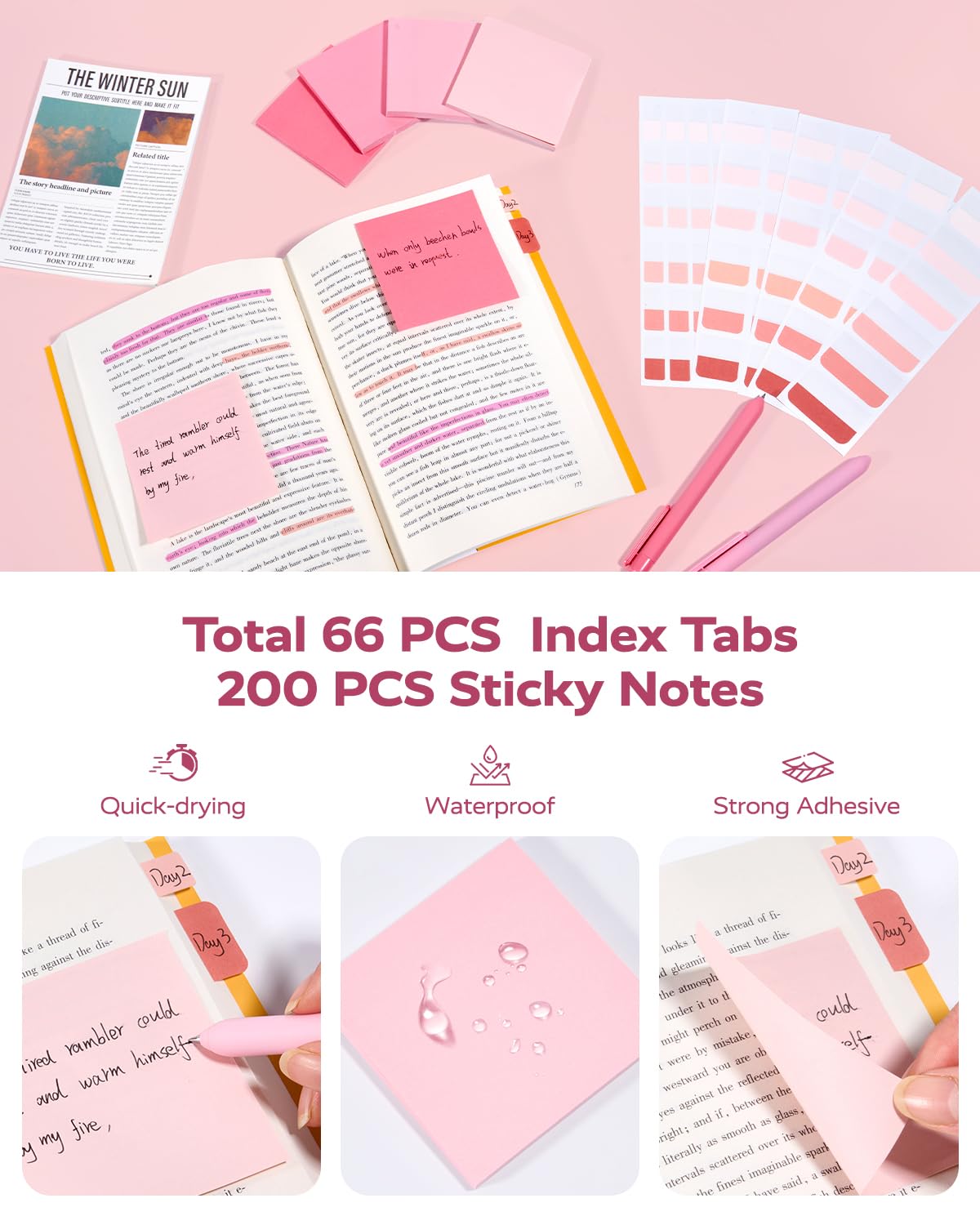 Four Candies Aesthetic Supplies, 4 Gel Pens with Black Ink, 4 Correction Tapes, 2 Pastel Highlighters, 2 Mechanical Pencils, Sticky Notes, Index Post for Bible Study Supplies with Case Pink