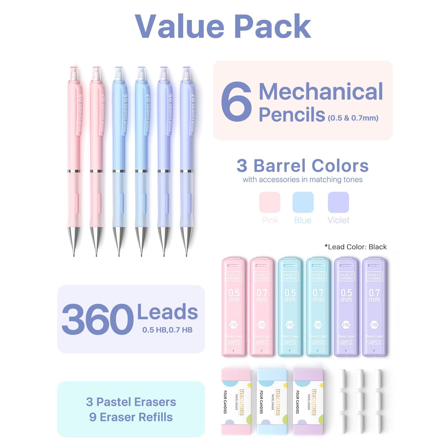 Four Candies Pastel Mechanical Pencil Set for Drawing & Writing,6PCS 0.5mm&0.7mm Mechanical Pencils with 360PCS HB Lead Refills, 3PCS Erasers and 9PCS Eraser Refills