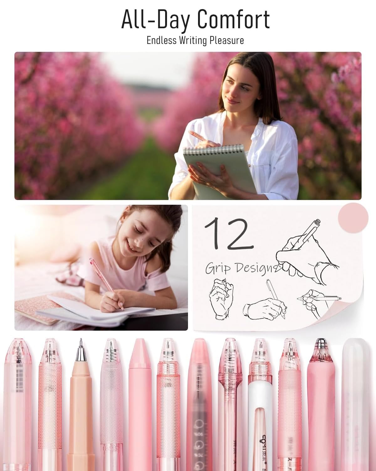 Four Candies Retractable Pink Pen Set, 11Pcs Black Ink Gel Pens(0.5mm), 1Pcs Pink Highlighter, 0.5mm Fine Point for Journaling, Writing and Note-Taking