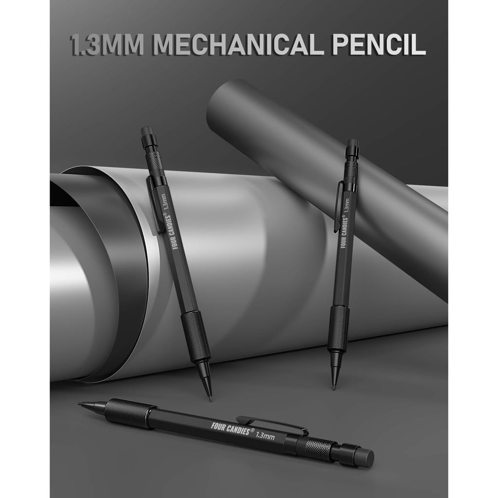 Four Candies 1.3mm Mechanical Pencil Set with 48 Lead Refill, 3PCS Metal Weatherproof Body Heavy Duty Carpenter Pencil, 3 Eraser, 12 Eraser Refill, for Outdoor Woodworking Drafting Marking with Case