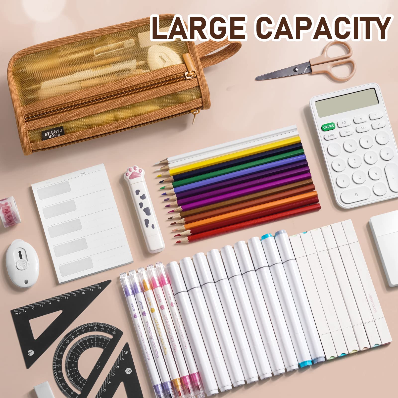 Four Candies Large Capacity Pencil Case, Pencil Case with Zipper, Organized Pencil Cases for Adults, Handheld Pen Bag, Portable Cute Pencil Case, School Supplies for Kids Girls, Brown