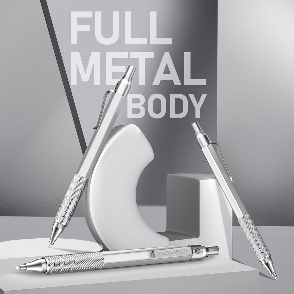 Four Candies 0.9mm Mechanical Pencil Set with Case, 3PCS Metal Pencil with 480PCS HB Lead Refills, 3 Erasers, 9 Eraser Refills For Art Writing Drafting, Silver