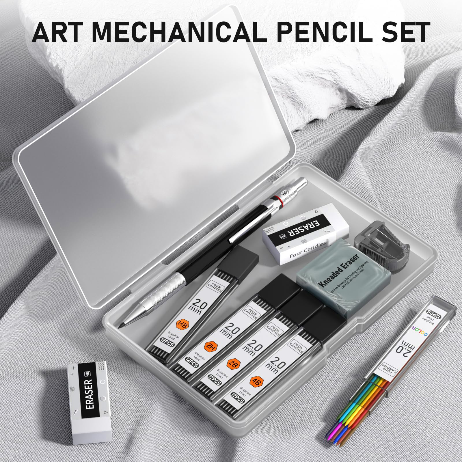 Four Candies 2MM Mechanical Pencil Set with case, Artist Led Pencil Metal Lead Holder with Graphite Lead Refill, Kneaded Eraser, Sharpener for Writing, Drawing, Sketching