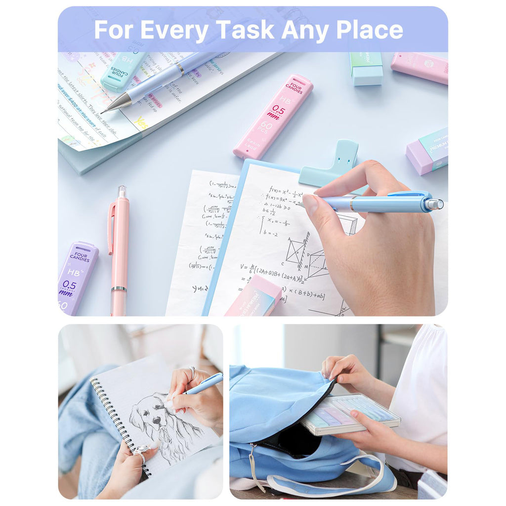 Four Candies 0.5 mm Mechanical Pencil Set - 6PCS Cute Pencils with 360PCS HB & 2B Lead Refills, 3PCS Pastel Erasers and 9PCS Eraser Refills, Aesthetic Supplies for Writing Drawing Drafting