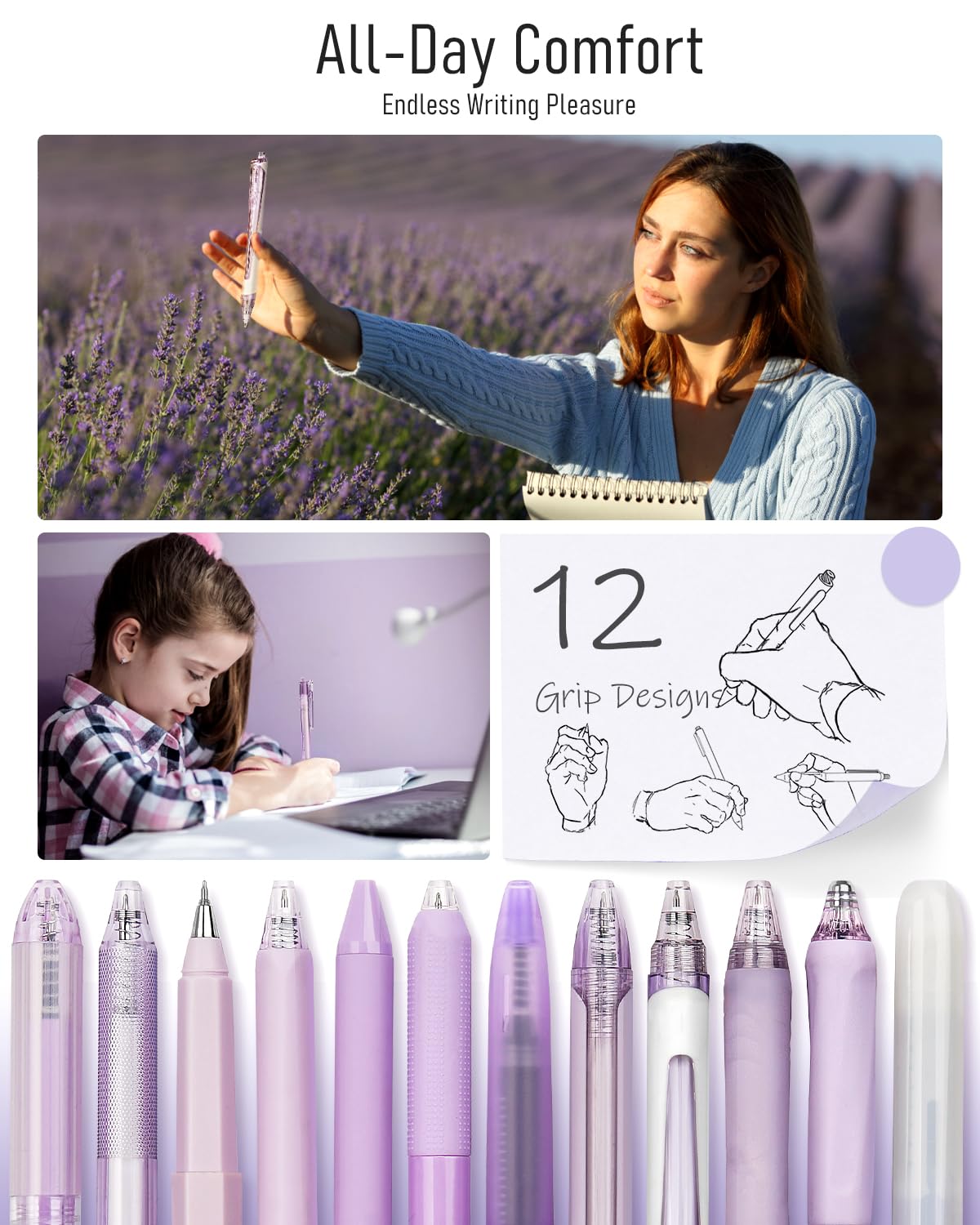 Four Candies Retractable Purple Pen Set, 11Pcs Black Ink Gel Pens(0.5mm), 1Pcs Purple Highlighter, 0.5mm Fine Point for Journaling, Writing and Note-Taking