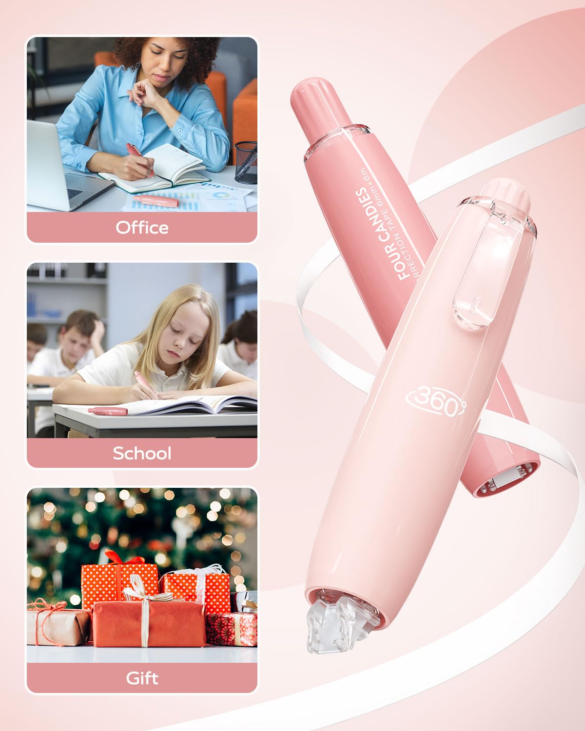 Four Candies 6MM Retractable White Correction Tape, 4PCS White Smooth Pull Out Correction Tape with 4 Extra Refills,Tear-Resistant Tape Pen & Quick Drying (Pink)
