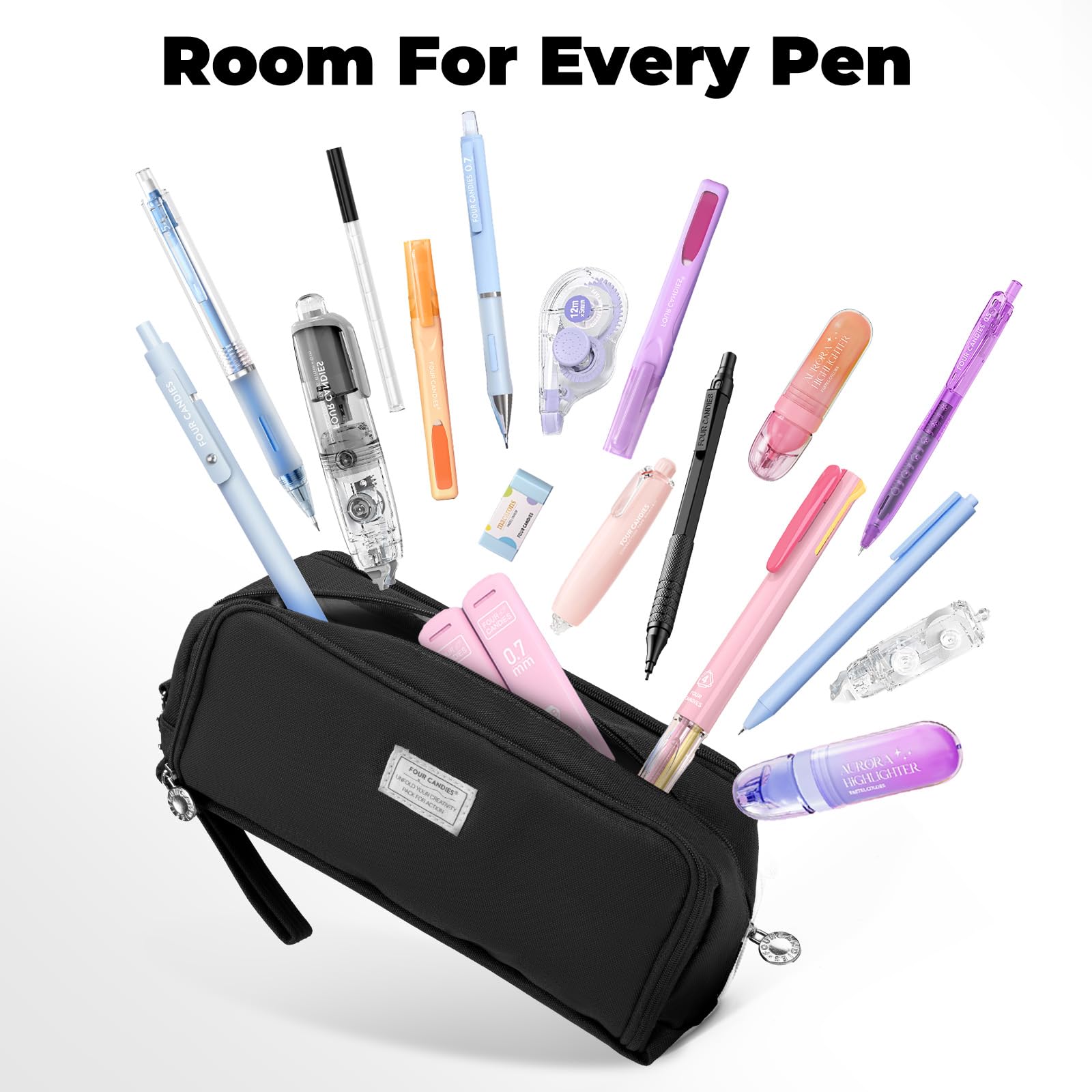 Four Candies Pencil Case 3 Compartment Pouch, Large Pencil Case for Women, Black, Removable Handle & Zipper, Cute Pencil Bag for Office, College