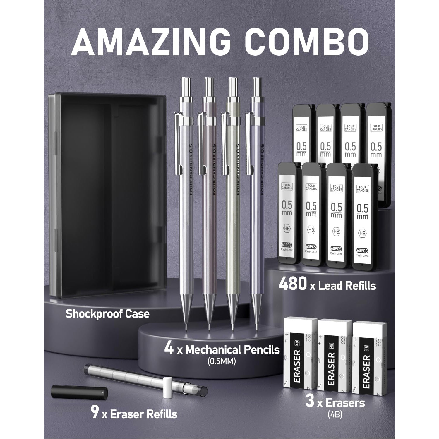 Four Candies 4PCS Metal Mechanical Pencil 0.5mm, 480PCS Lead Refills, 3PCS Erasers, 9PCS Eraser Refills, Lead Mechanical Pencils for Writing, Drawing