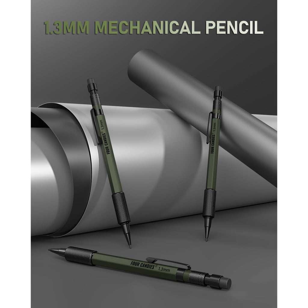 Four Candies 3PCS 1.3mm Mechanical Pencil Set with Case, Metal Heavy Duty Carpenter Pencils with 48 Refill(Red,Black,Yellow) 3Eraser, 12Eraser Refill(Green)