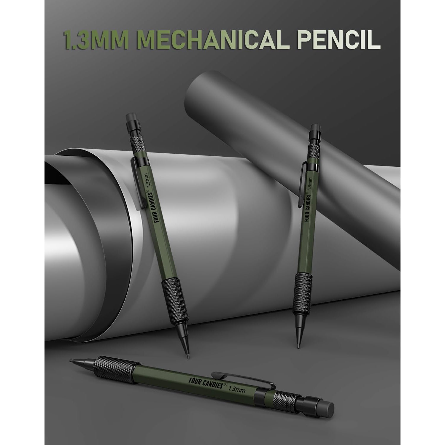 Four Candies 3PCS 1.3mm Mechanical Pencil Set with Case, Metal Heavy Duty Carpenter Pencils with 48 Refill(Red,Black,Yellow) 3Eraser, 12Eraser Refill(Green)