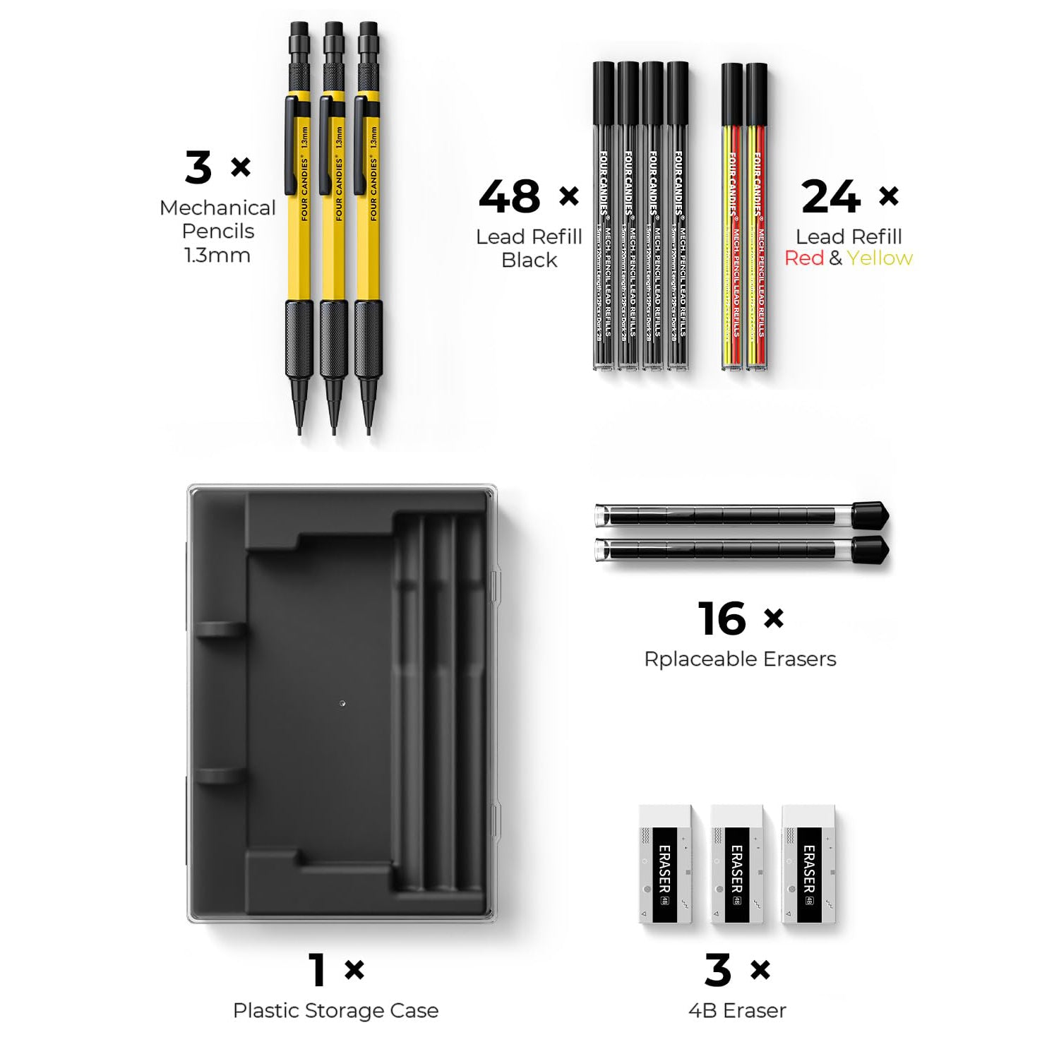 Four Candies 3PCS 1.3mm Mechanical Pencil Set with Case, Metal Heavy Duty Carpenter Pencils with 48 Refill(Red,Black,Yellow) 3Eraser, 12Eraser Refill, Weatherproof Body Outdoor Woodworking Marking