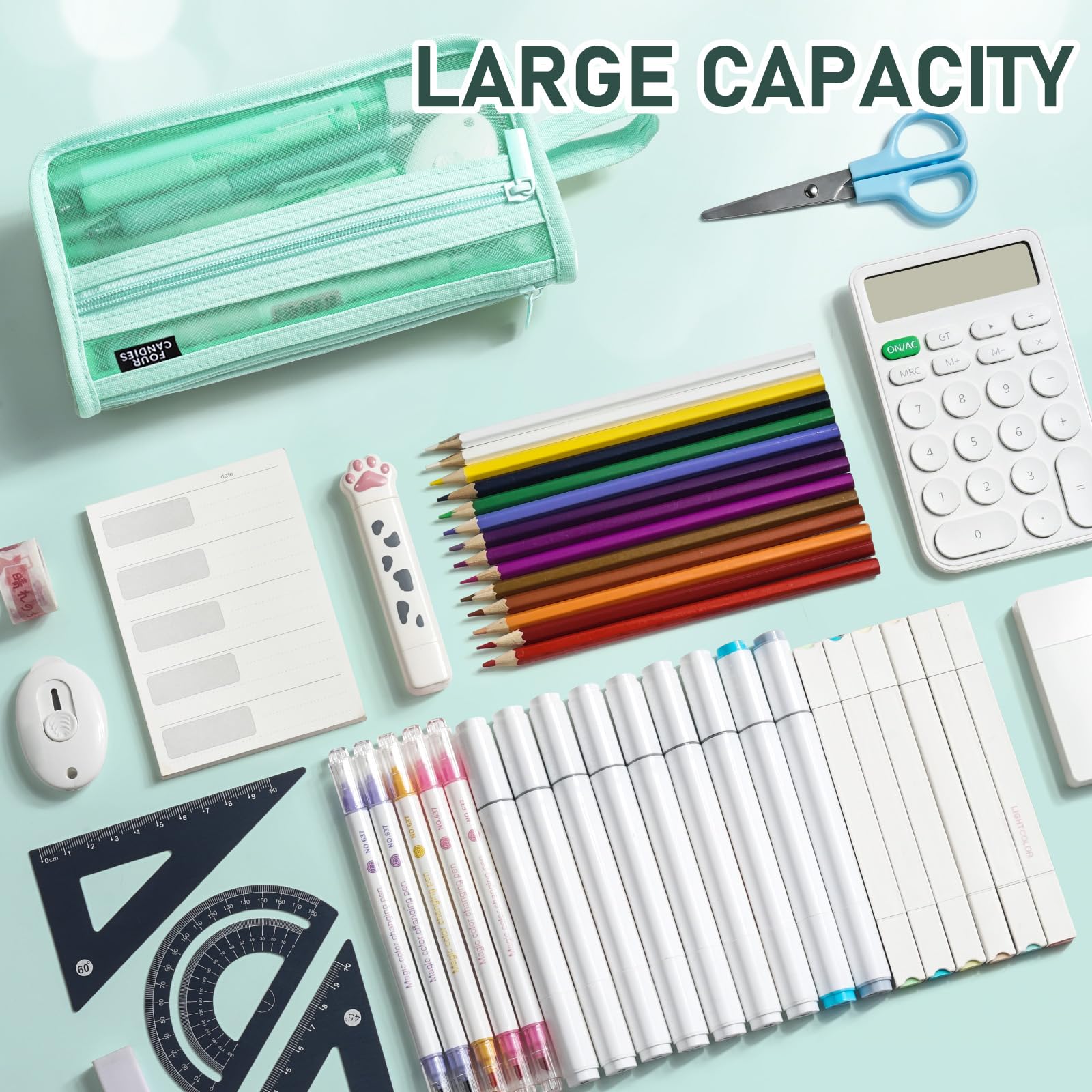 Four Candies Grid Mesh Pencil Case with Handle and Zipper, Clear Double-layer Pencil Pouch Marker Pouch, Travel Makeup Bag, Cute Transparent Stationary Organizer Pen Bag for Adult Office College