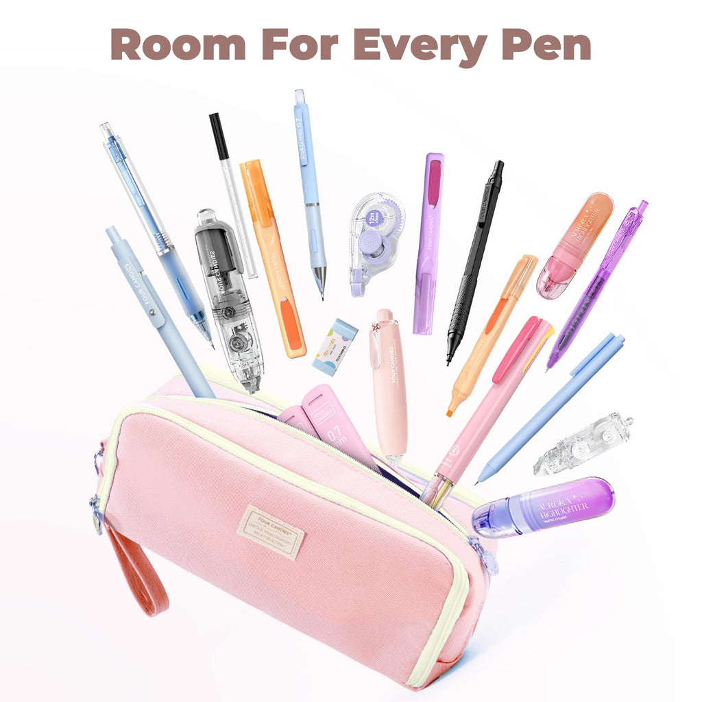 Four Candies Pencil Case 3 Compartment, Large Pencil Case with Removable Handle & Zipper, Cute Stationery Organizer for Markers, Makeup Bag, Cute Pencil Bag for Office College, Pink