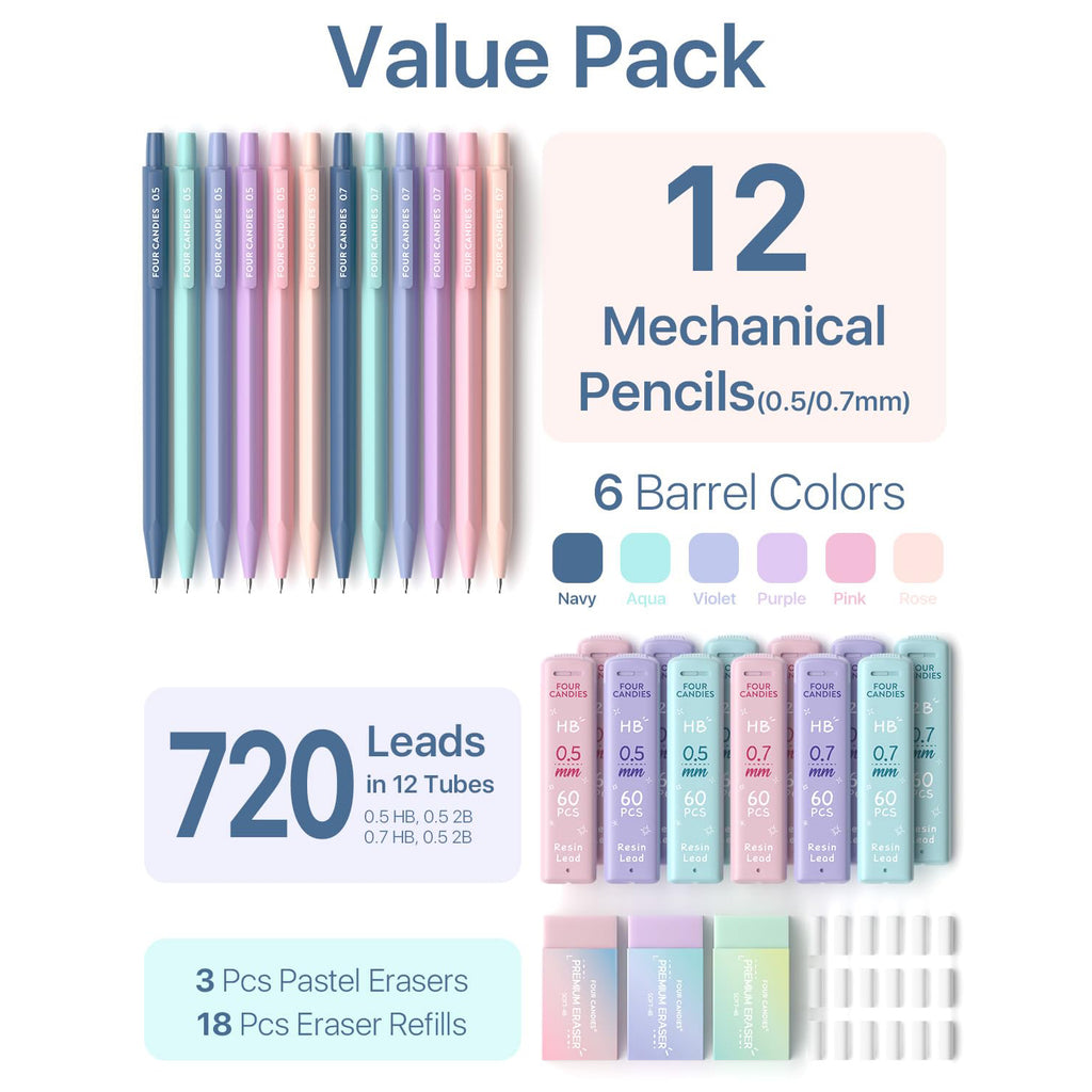 Four Candies Mechanical Pencils Set, with 0.5 & 0.7mm Lead Refills (HB & 2B), Pastel Erasers & Eraser Refills, 29-Count Pack with Case, Cute Aesthetic Supplies for Writing, Drawing