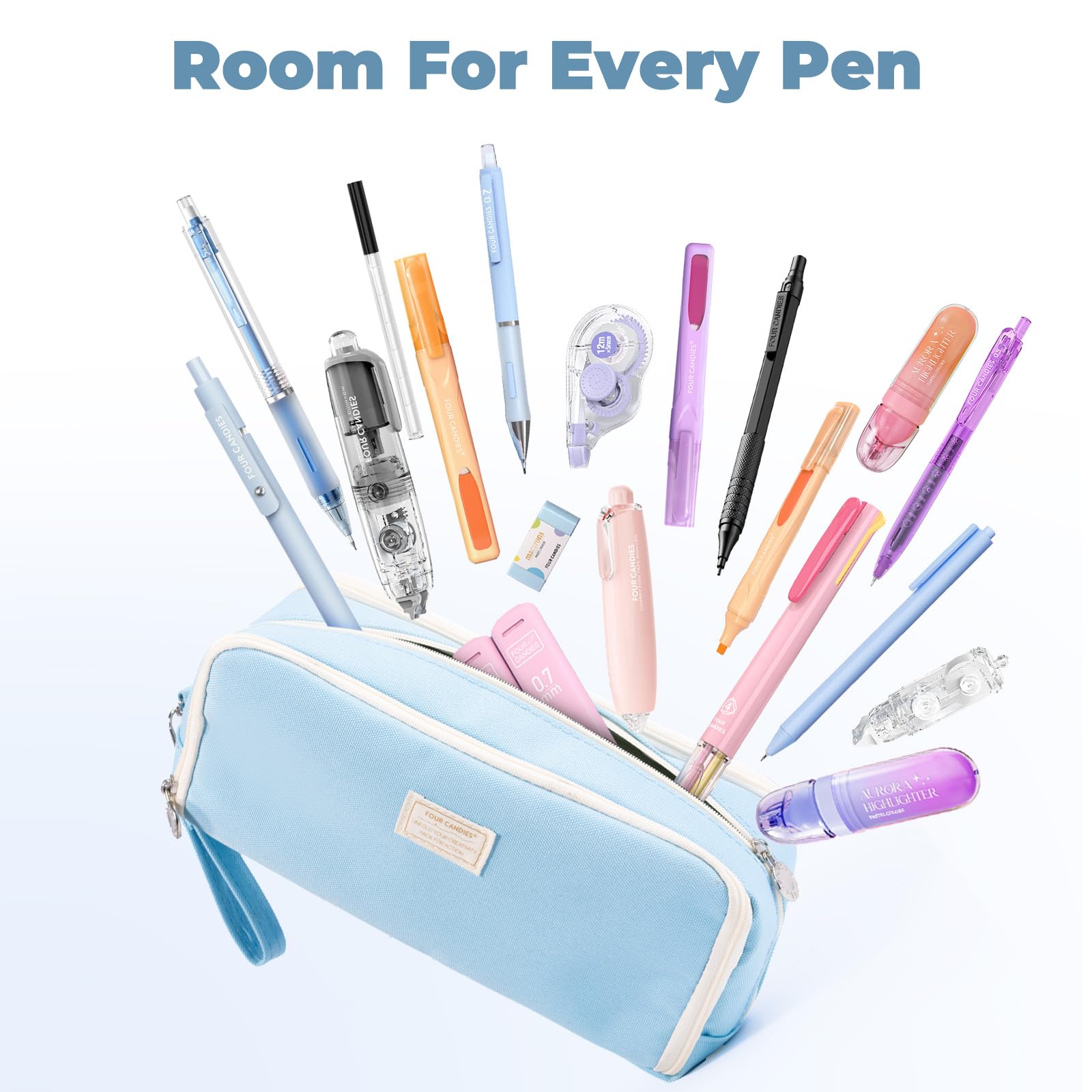 Four Candies Pencil Case 3 Compartment, Large Pencil Case with Removable Handle & Zipper, Cute Stationery Organizer for Markers, Makeup Bag, Cute Pencil Bag for Office College, Blue