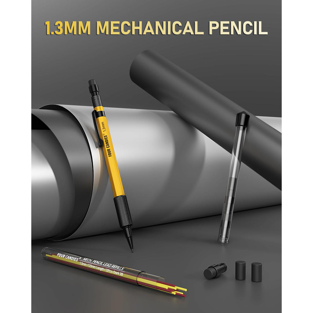 Four Candies 1.3mm Mechanical Pencil Set with 24 Lead Refills, Metal Weatherproof Heavy Duty Outdoor Carpenter Pencil, Eraser, 6 Eraser Refills for Architect Drafting Woodworking Marking with Case